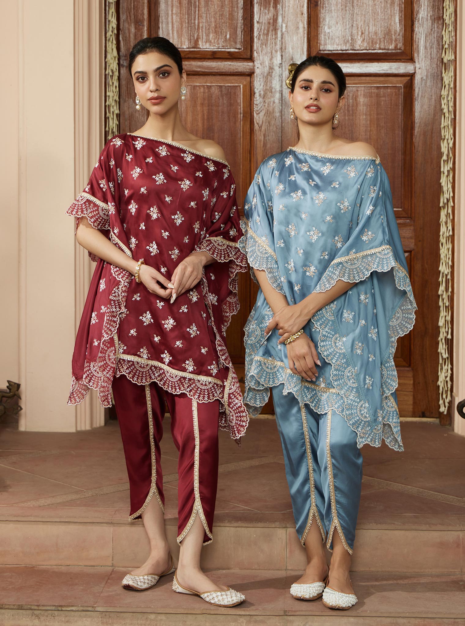 Kasuni Cupro Wine Kaftan with Dhoti Pant Set