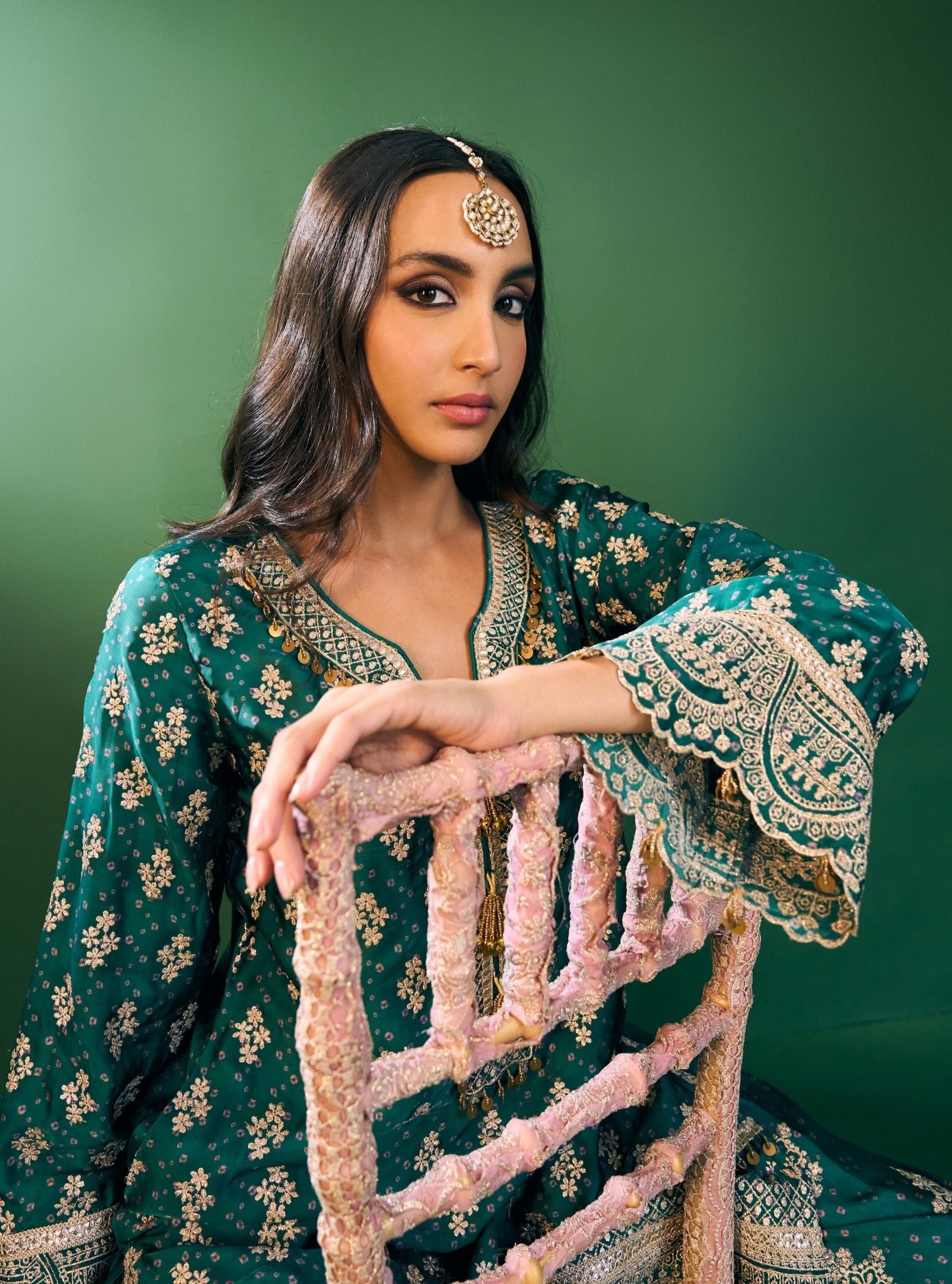 Elira Cupro Satin Emerald Green Kurta with Farshi Salwar