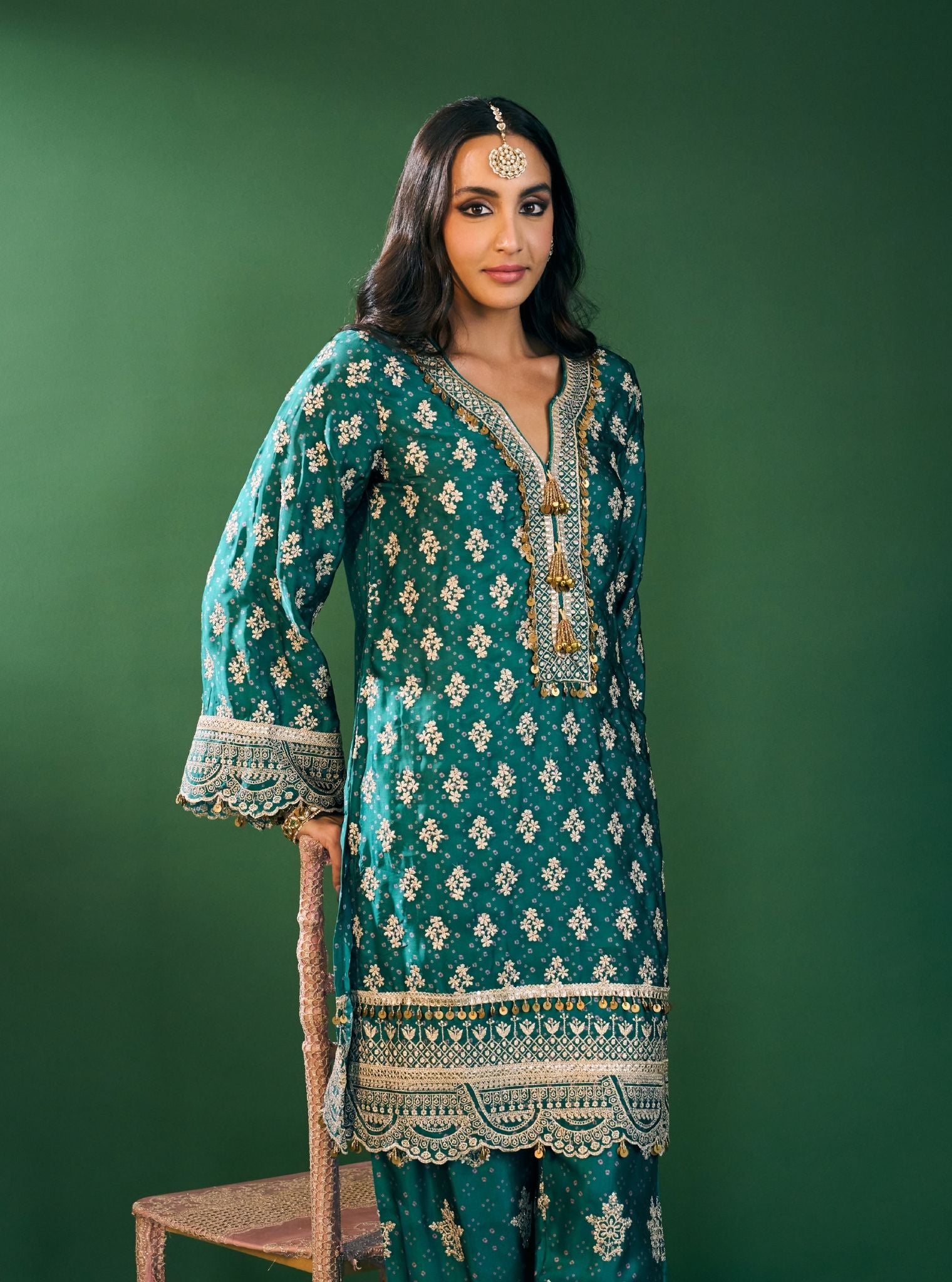Elira Cupro Satin Emerald Green Kurta with Farshi Salwar