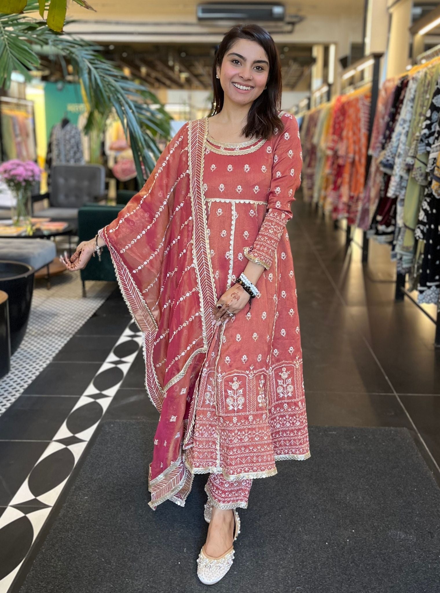 Mastani Luxe Tissue Satin Red Anarkali Kurta Set