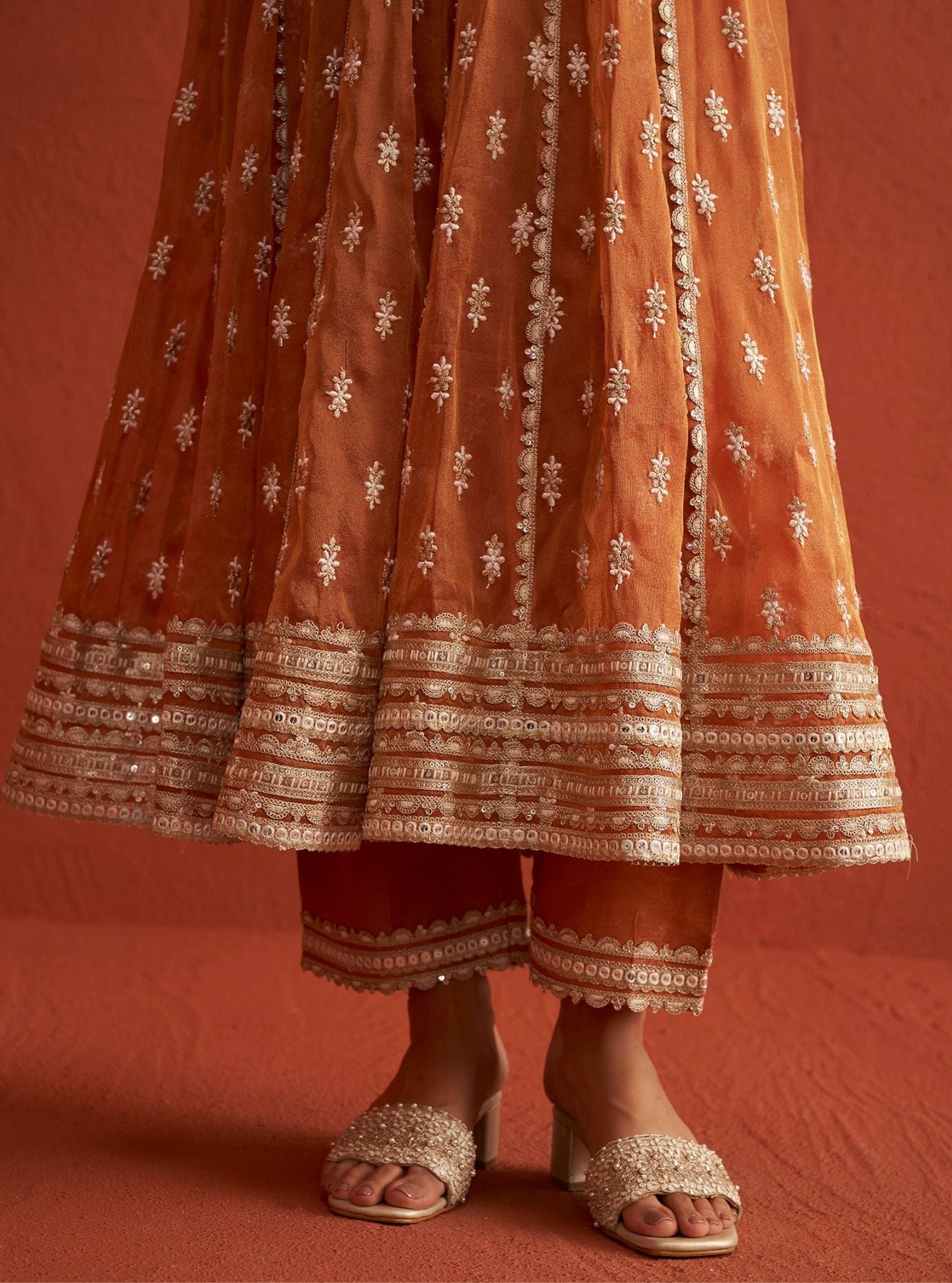 Genda Bemberg Tissue Burnt Orange Anarkali Kurta