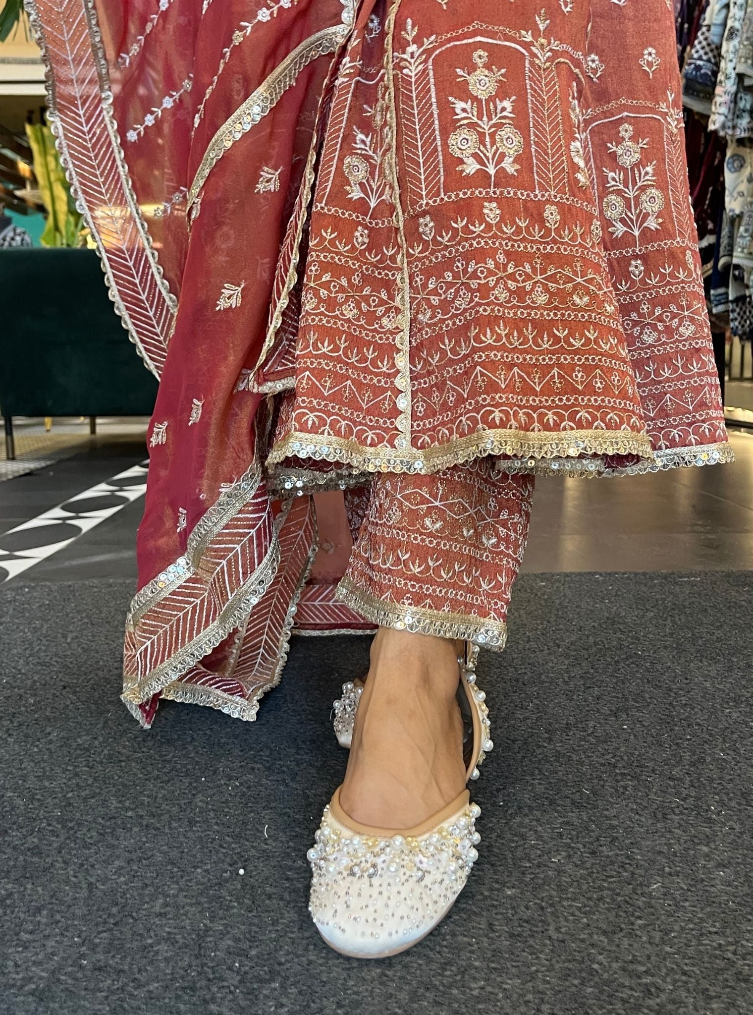 Mastani Luxe Tissue Satin Red Anarkali Kurta Set