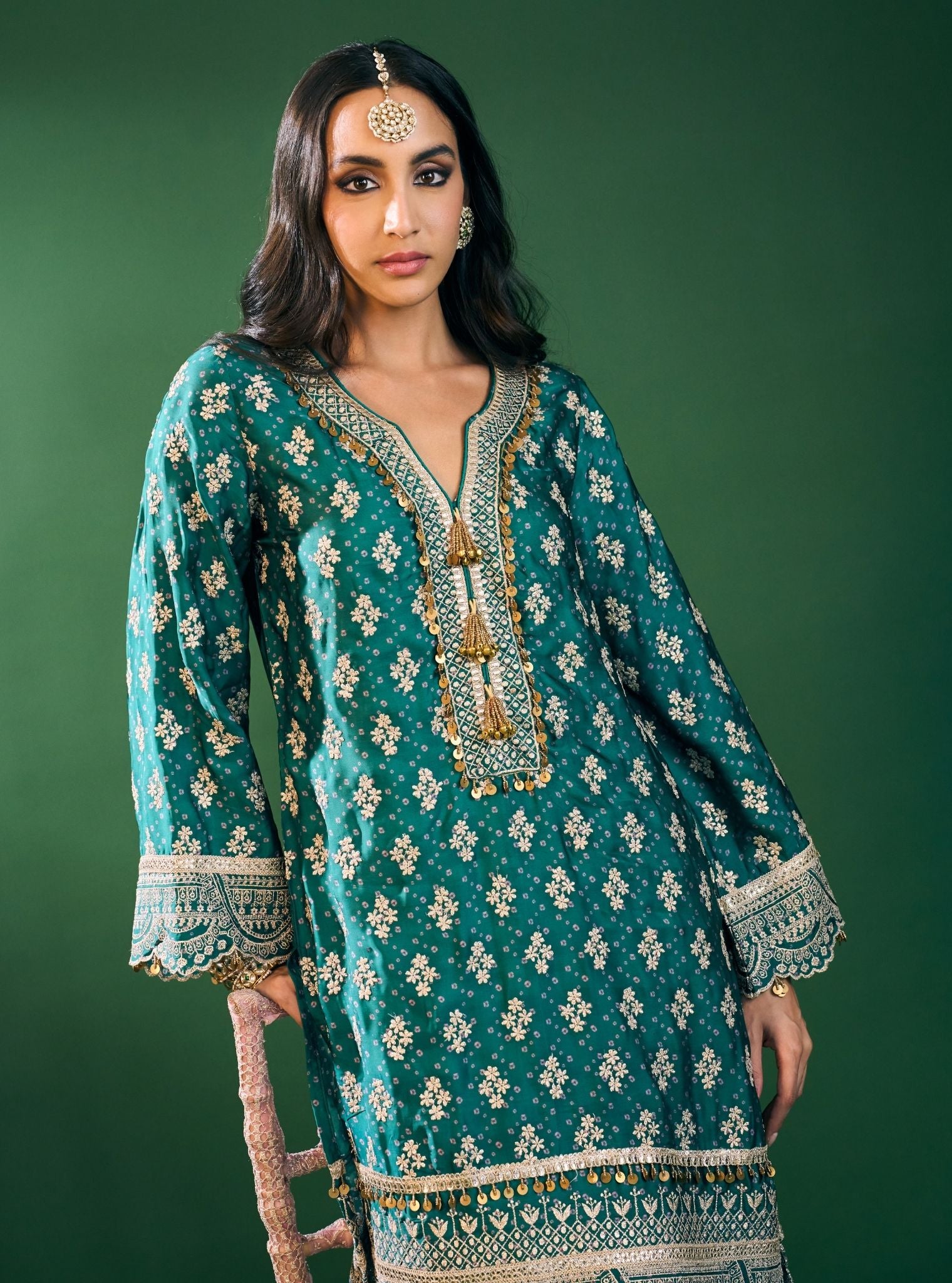 Elira Cupro Satin Emerald Green Kurta with Farshi Salwar