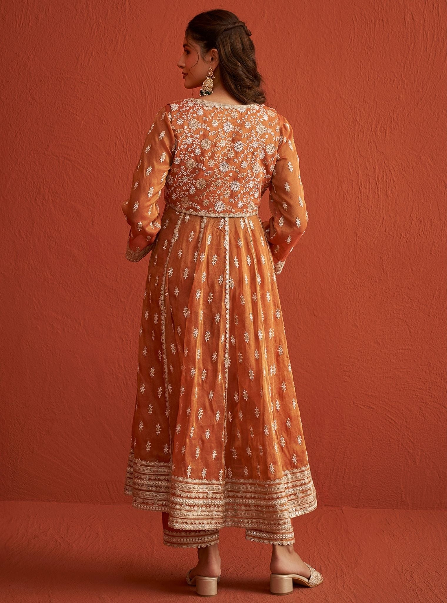 Genda Bemberg Tissue Burnt Orange Anarkali Kurta