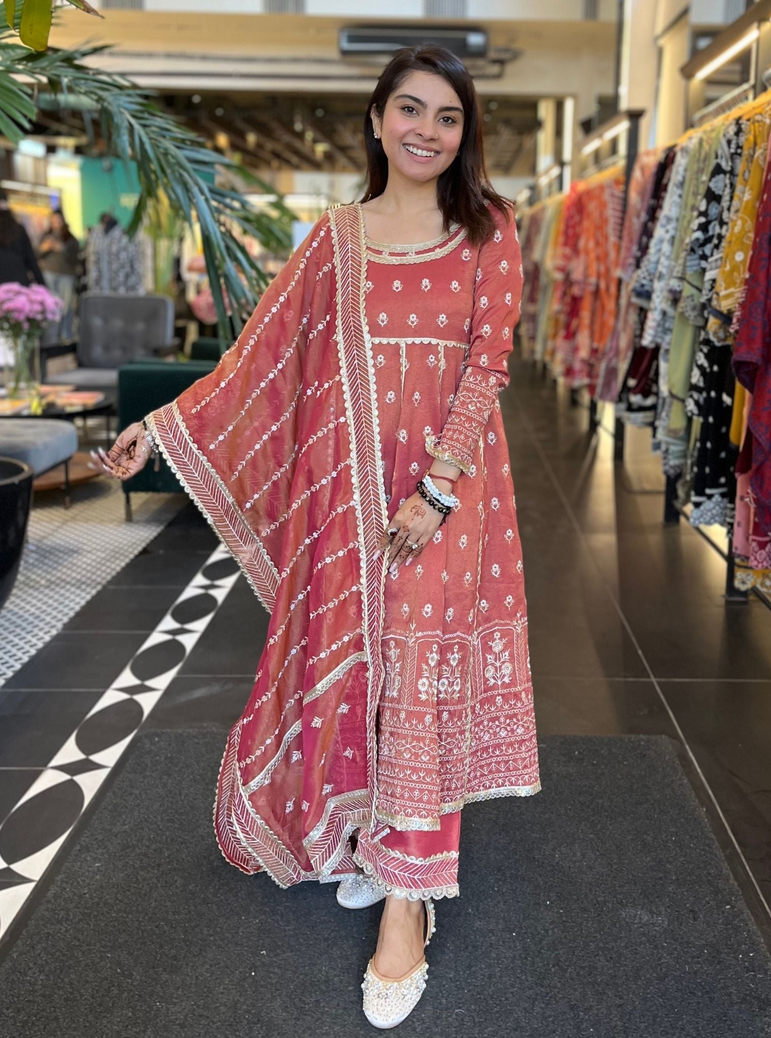 Mastani Luxe Tissue Satin Red Anarkali Kurta Set