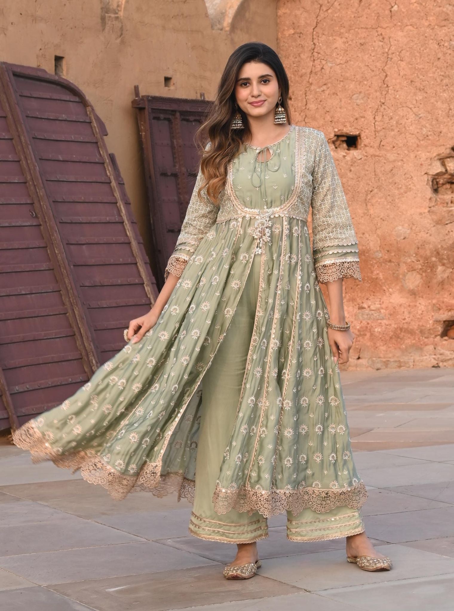 Navrai Organza Satin Sage Green Anarkali Kurta Set