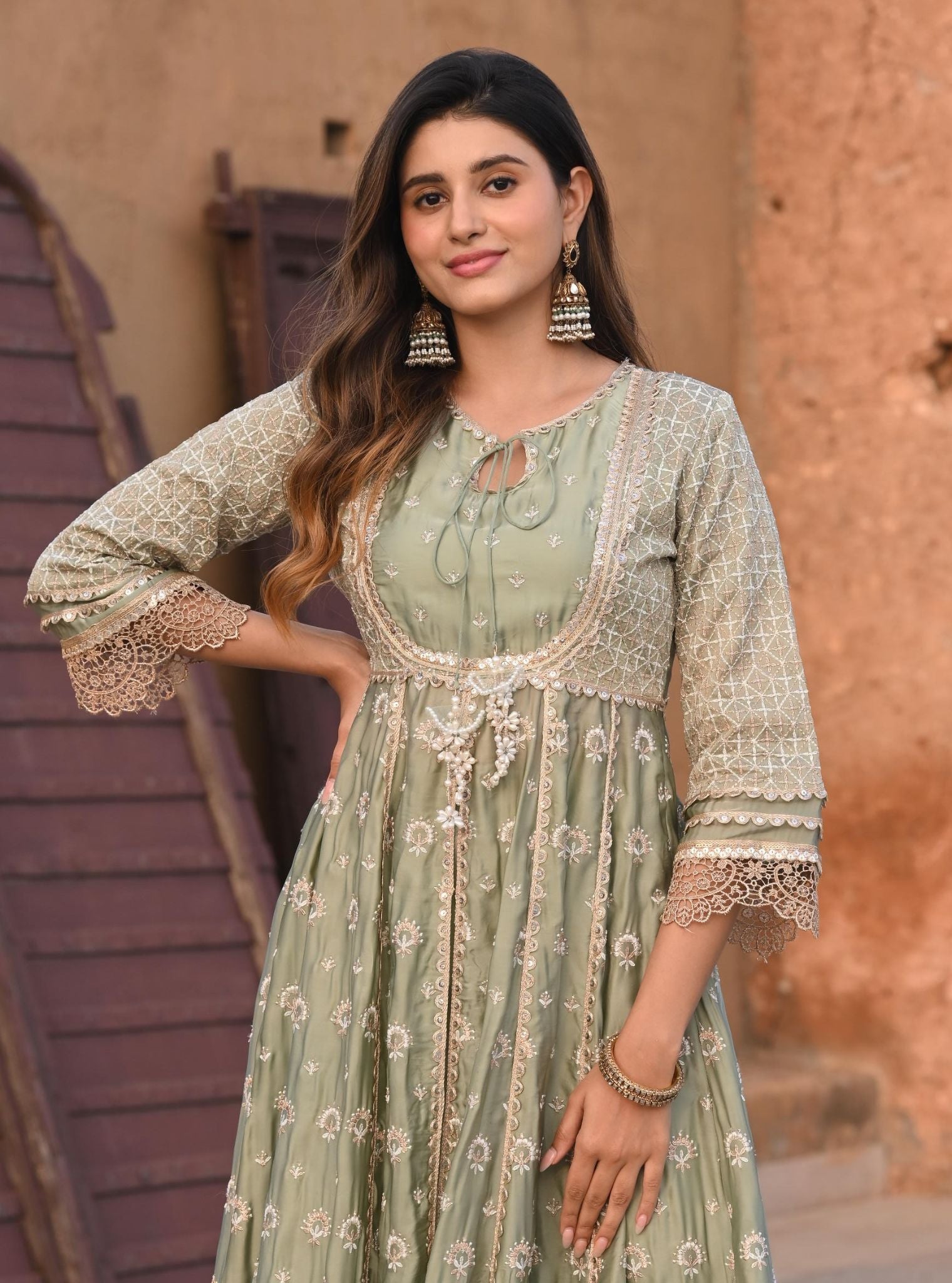 Navrai Organza Satin Sage Green Anarkali Kurta Set