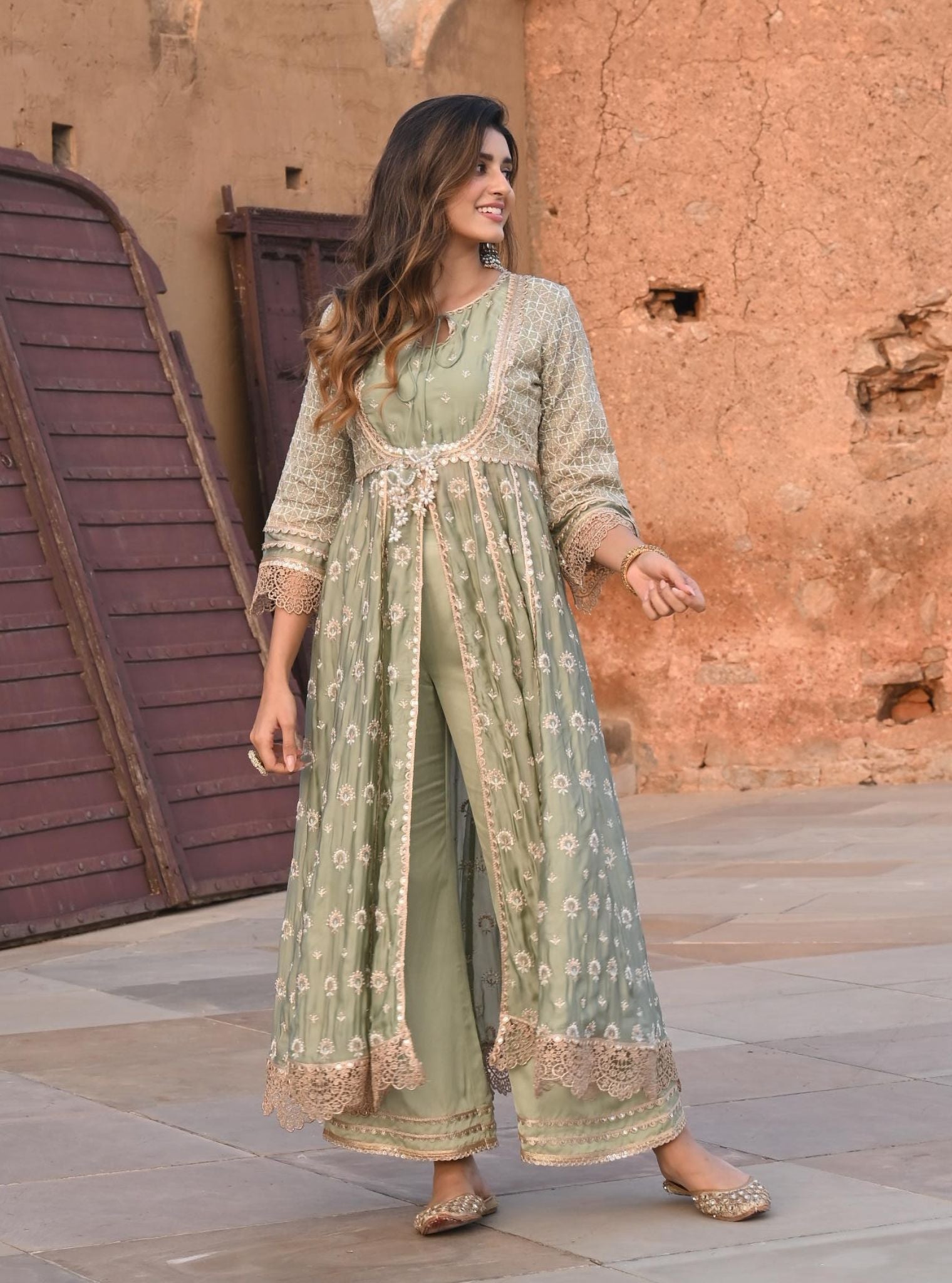 Navrai Organza Satin Sage Green Anarkali Kurta Set