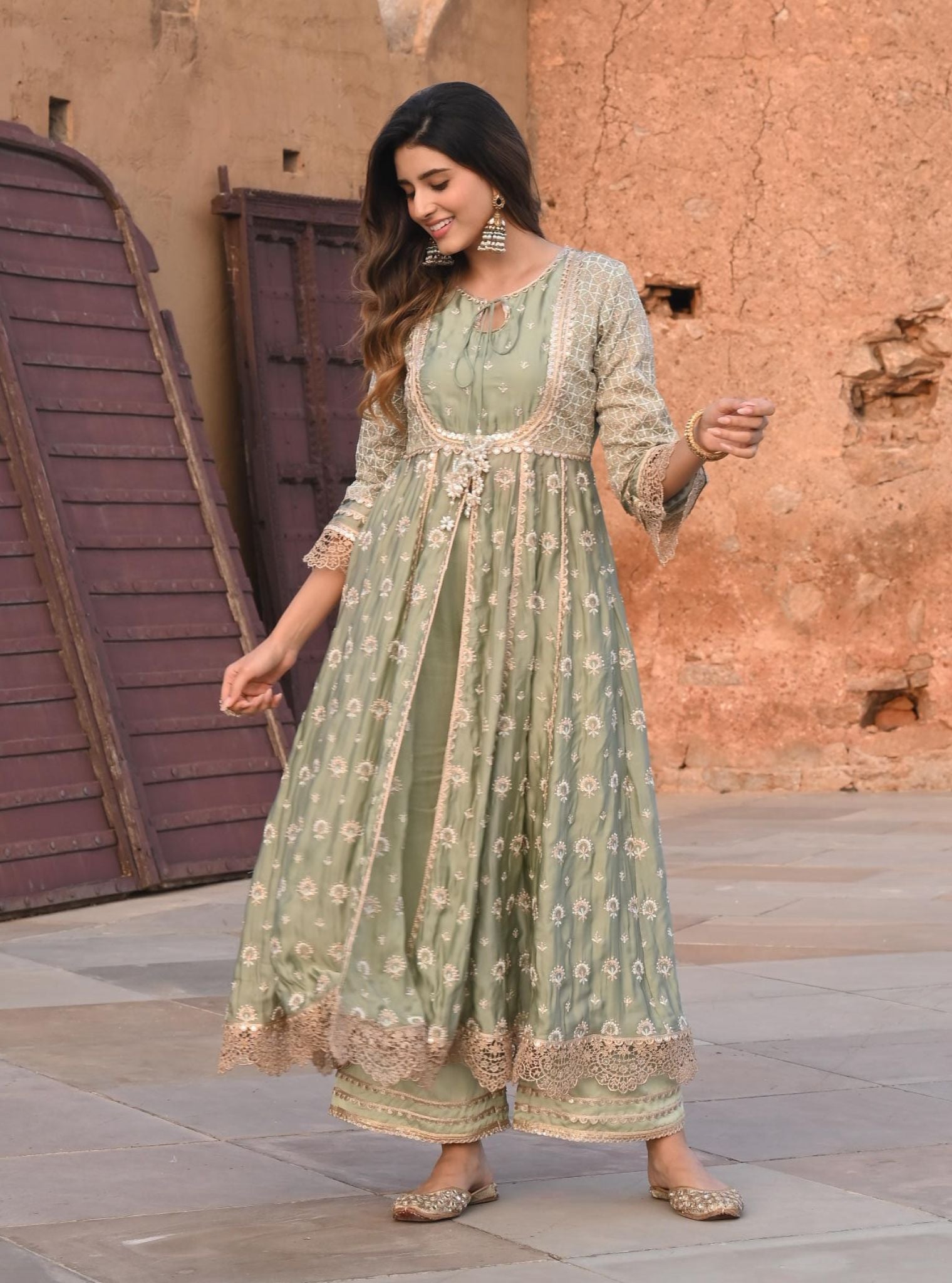 Navrai Organza Satin Sage Green Anarkali Kurta Set