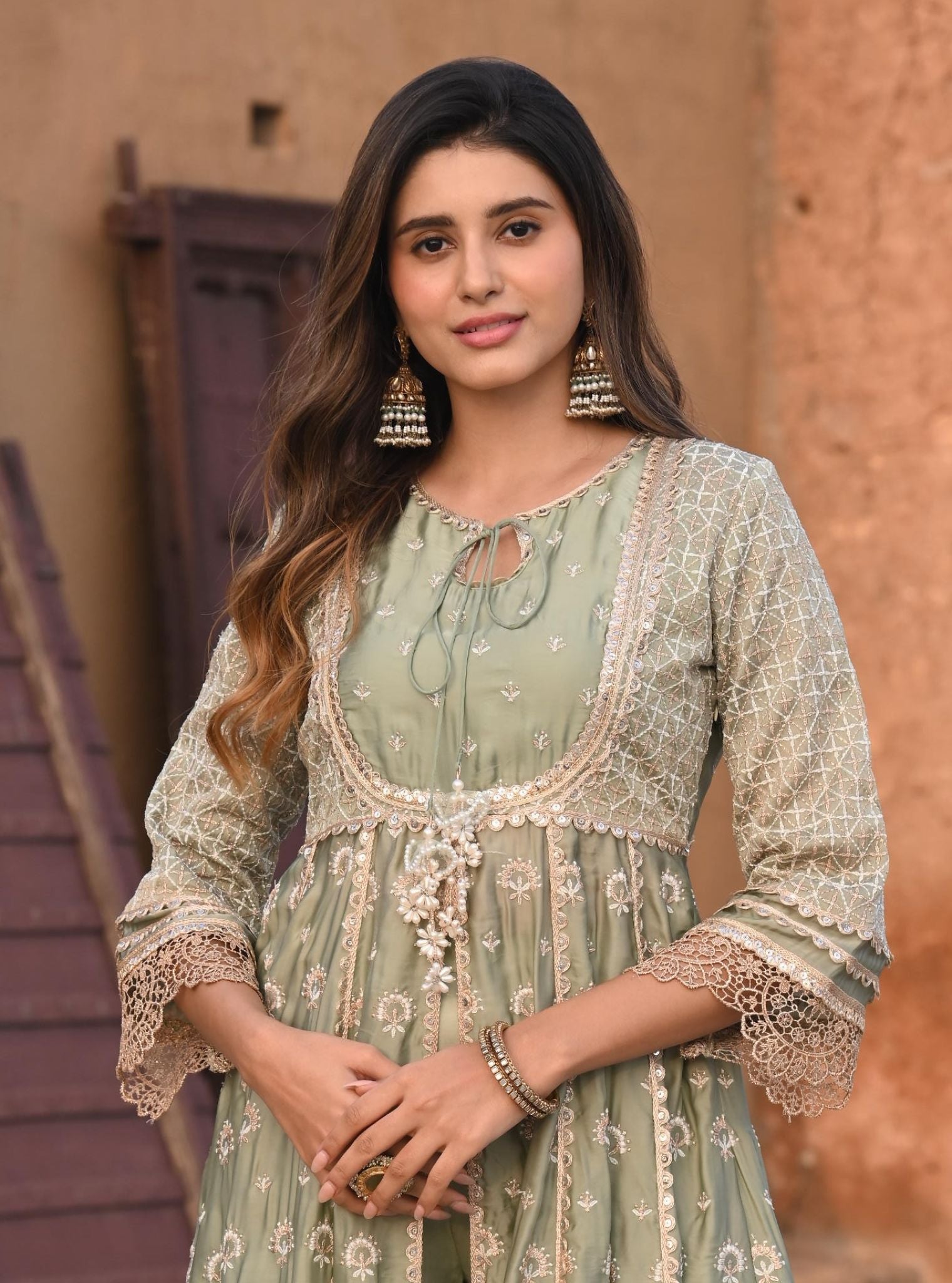 Navrai Organza Satin Sage Green Anarkali Kurta Set