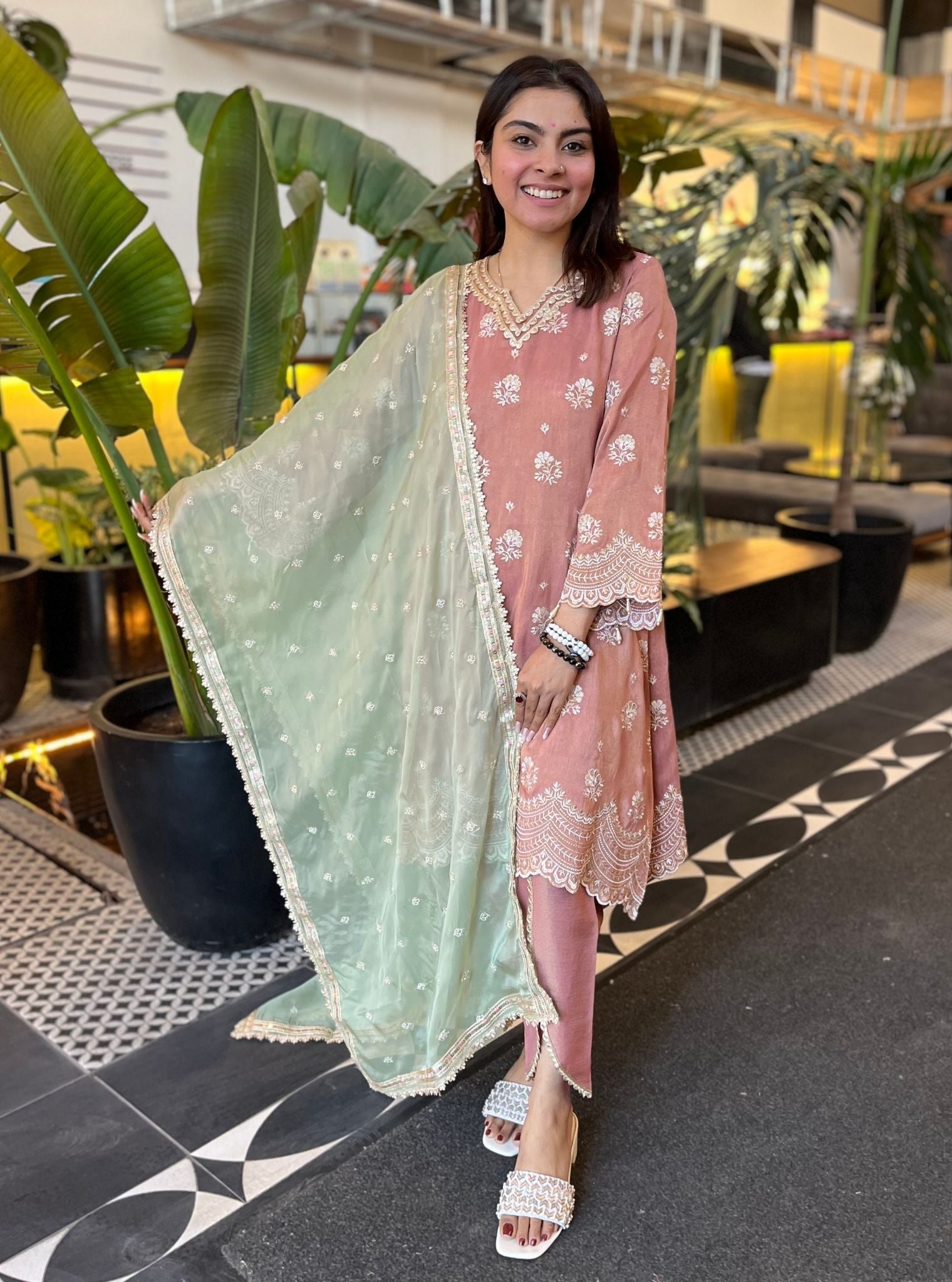Mehar Tissue Linen Satin Old Rose Kurta Set