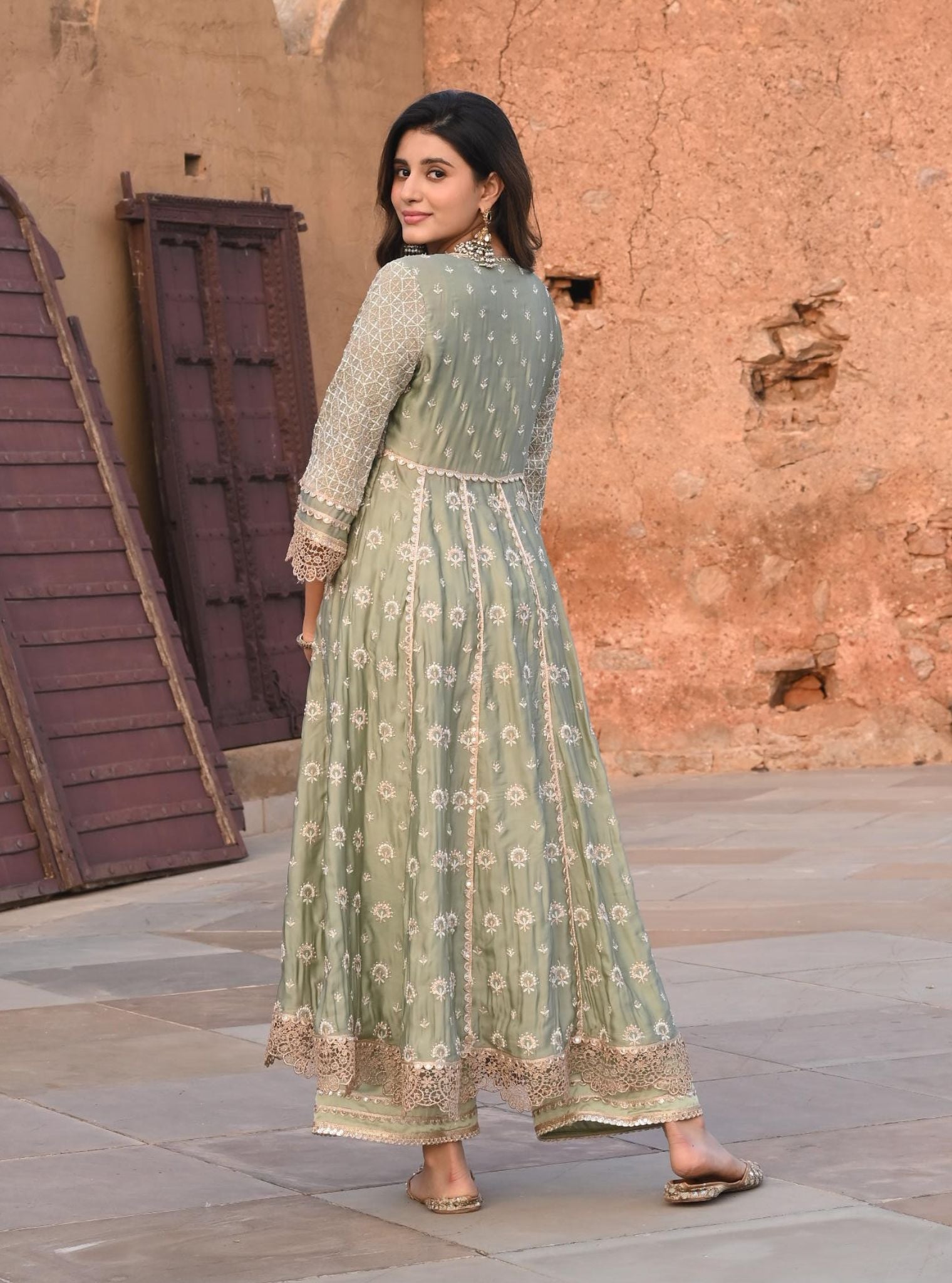 Navrai Organza Satin Sage Green Anarkali Kurta Set