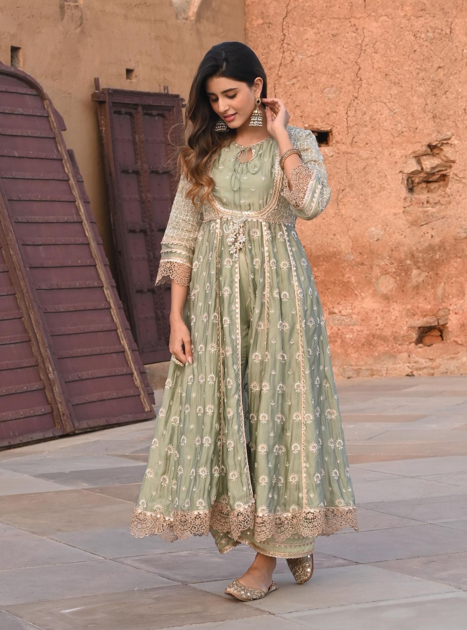 Navrai Organza Satin Sage Green Anarkali Kurta Set