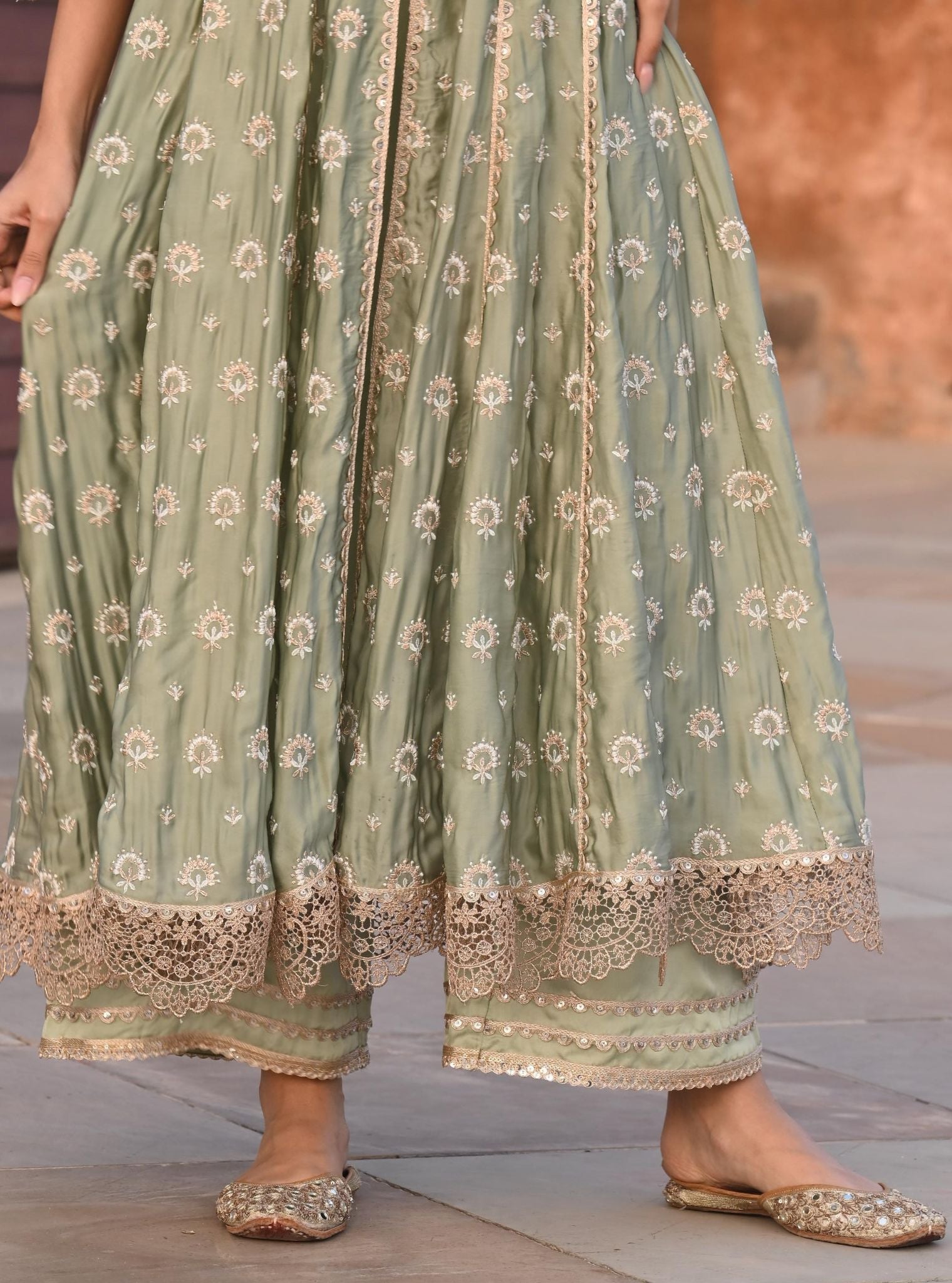 Navrai Organza Satin Sage Green Anarkali Kurta Set