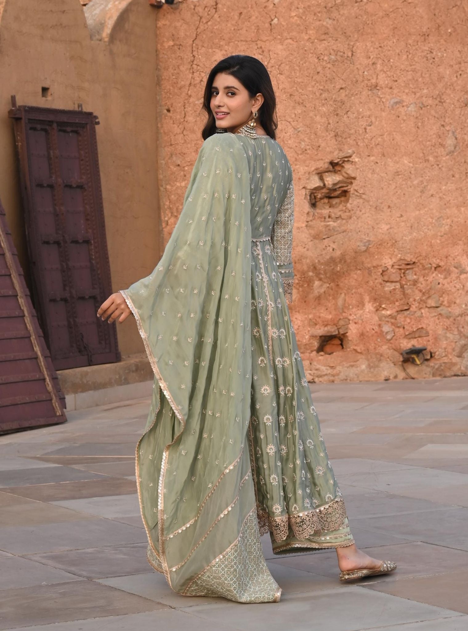 Navrai Organza Satin Sage Green Anarkali Kurta Set