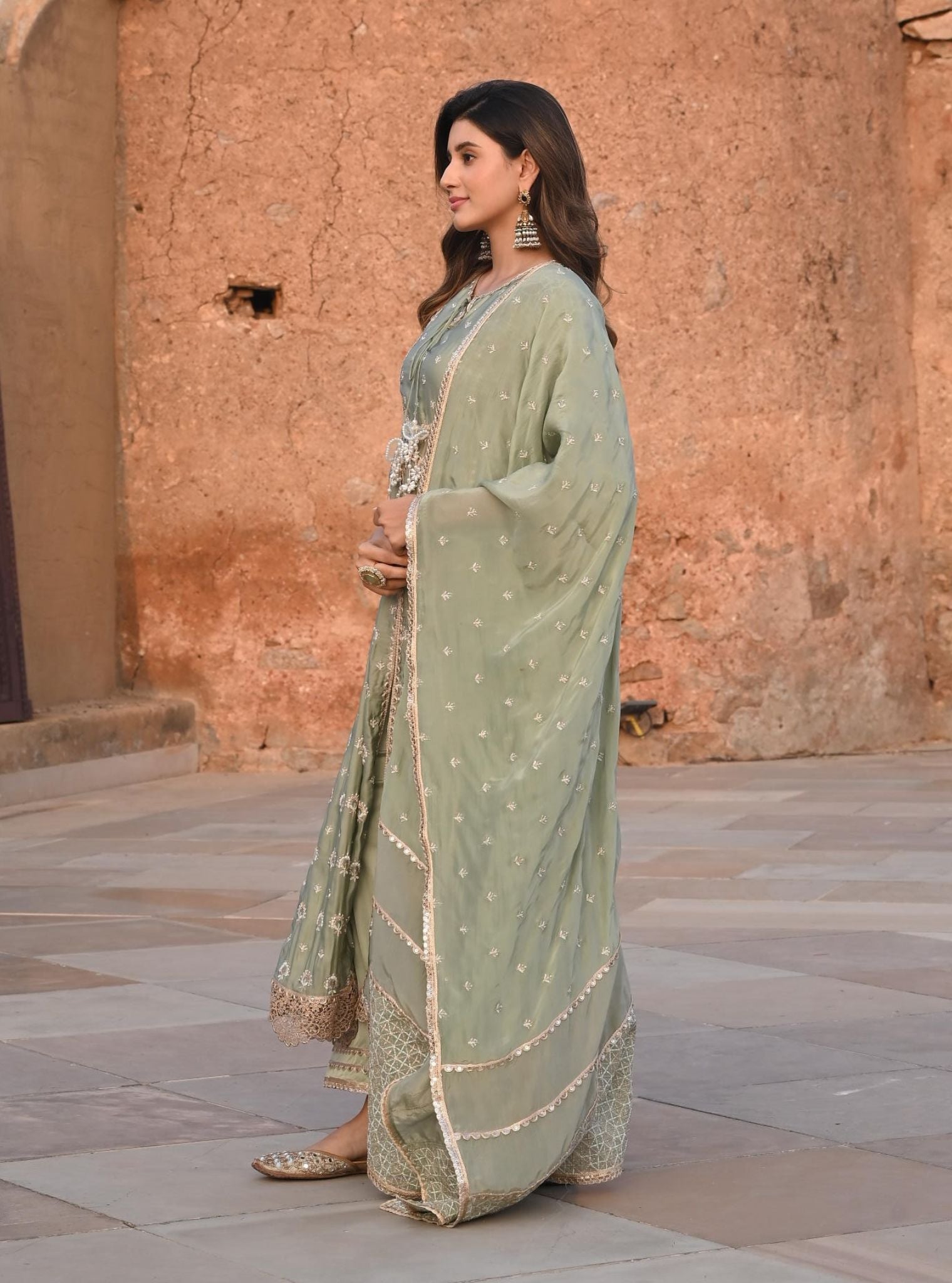 Navrai Organza Satin Sage Green Anarkali Kurta Set