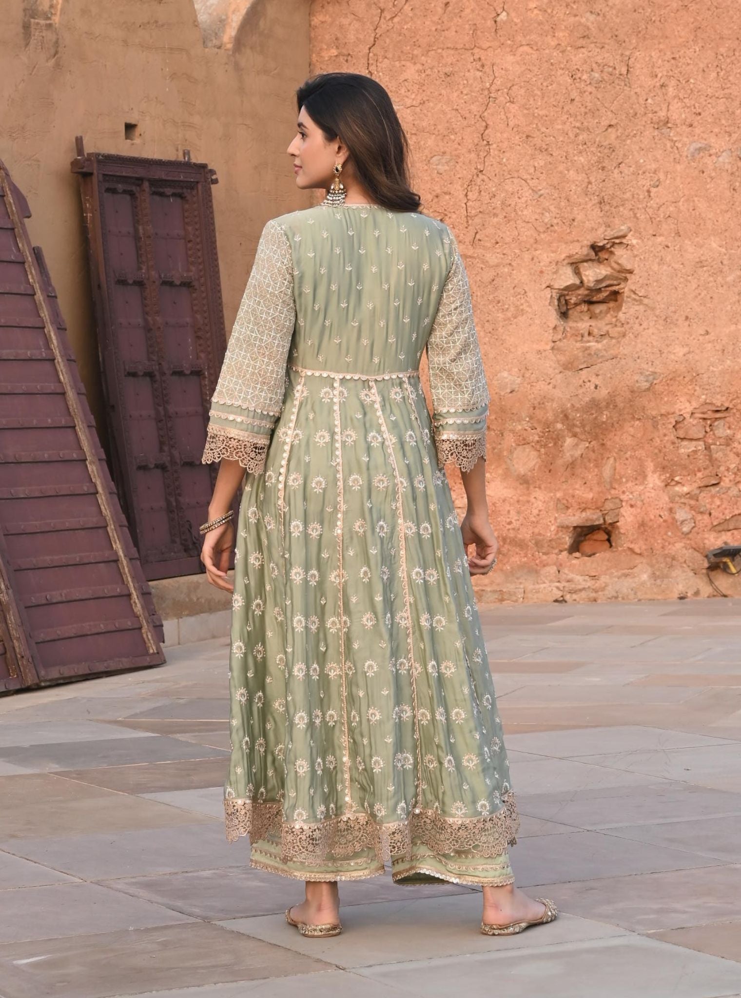 Navrai Organza Satin Sage Green Anarkali Kurta Set