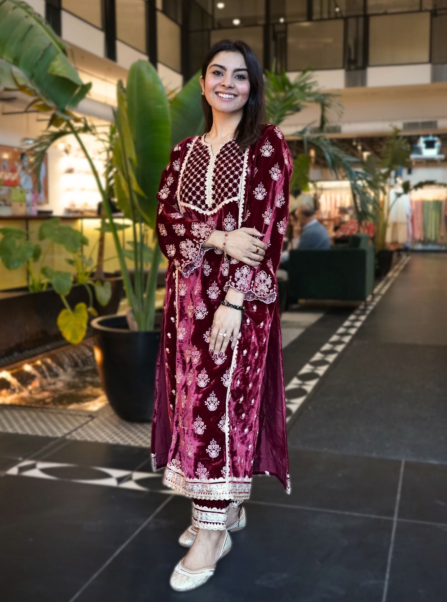 Ghazal Velvet Wine Kurta Set