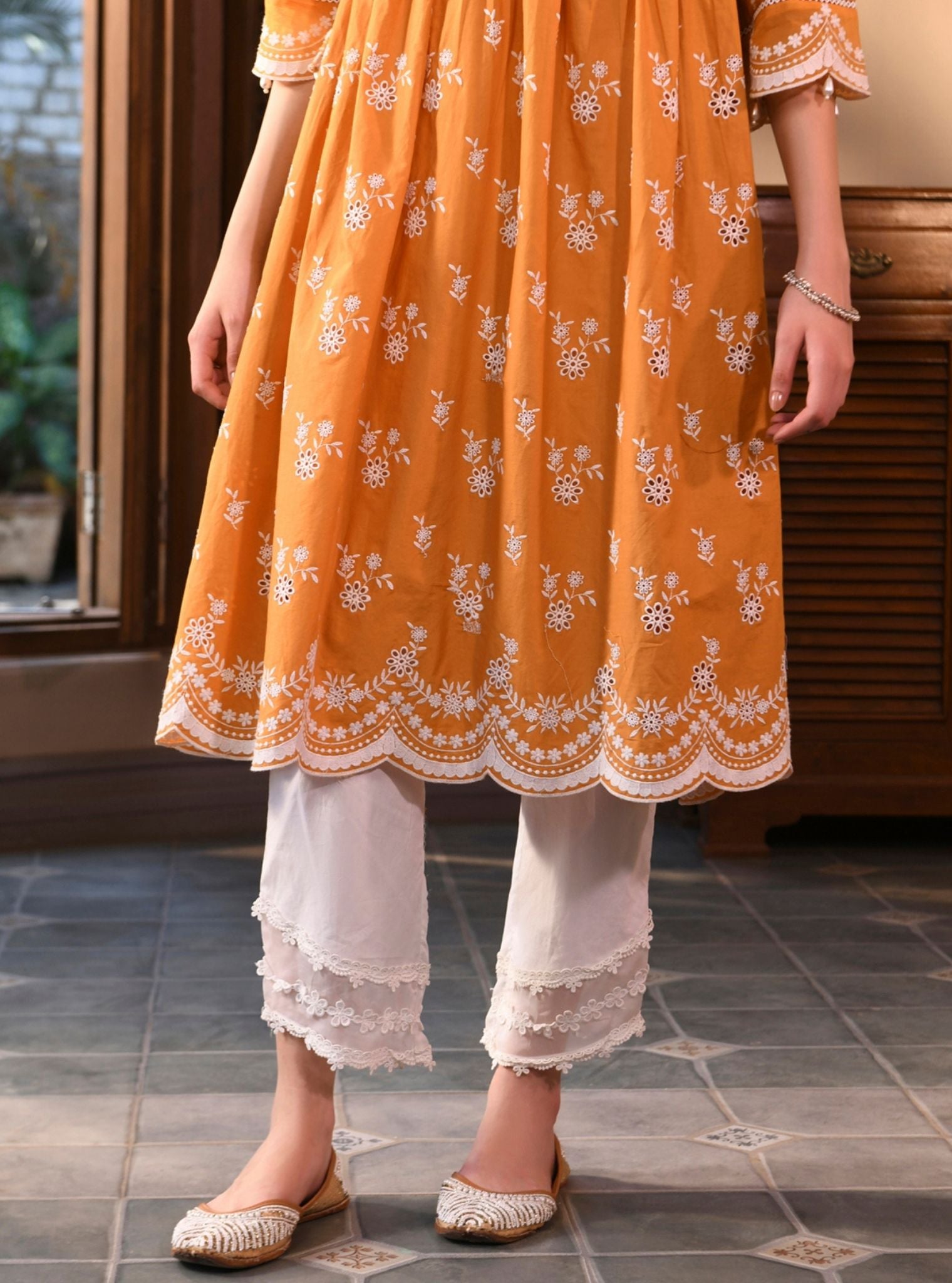Mulmul Cotton Afarin Orange Anarkali With Mulmul Cotton Round Hem Organza Panel White Pant