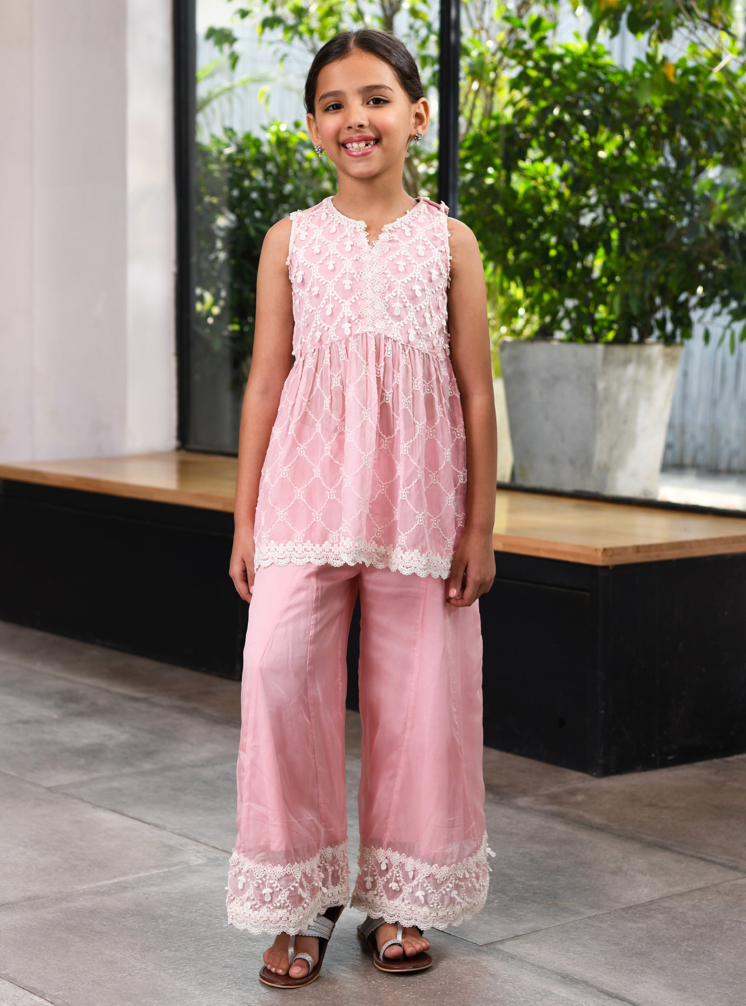 Anya Organza Anarkali Pink Kurta with Sharara Set