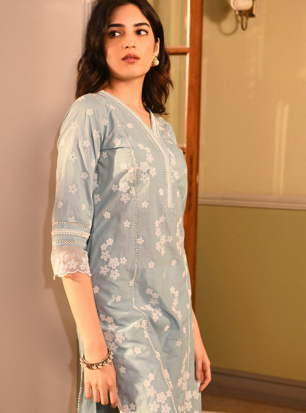 Mulmul Supima Cotton Echo Light Blue Kurta
