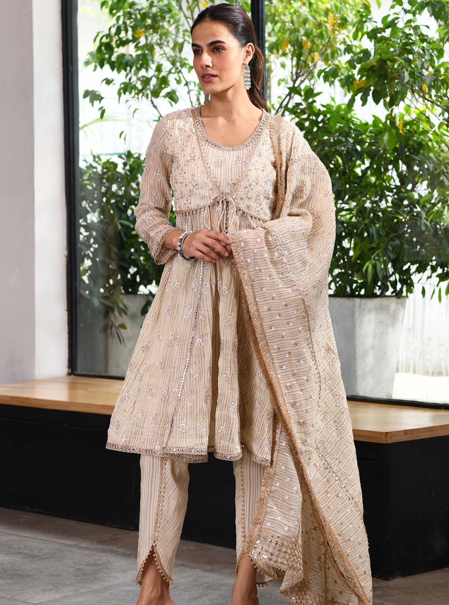 Finsbury Banarsi Short Off White Anarkali Kurta Set