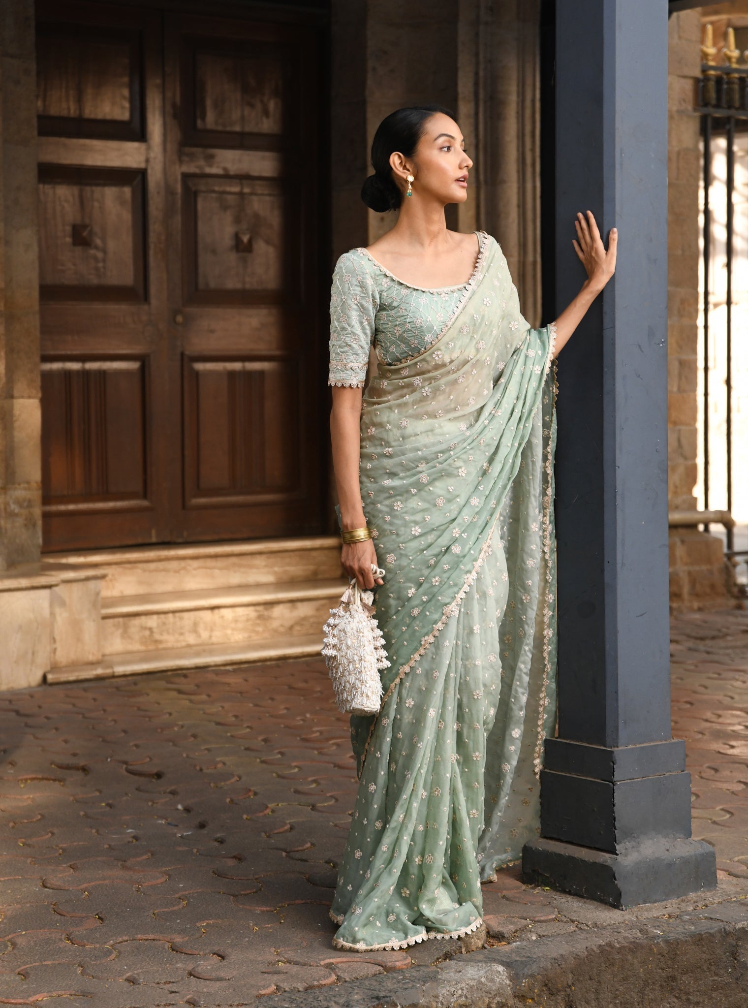 Priyur Organza Ombre Green Saree