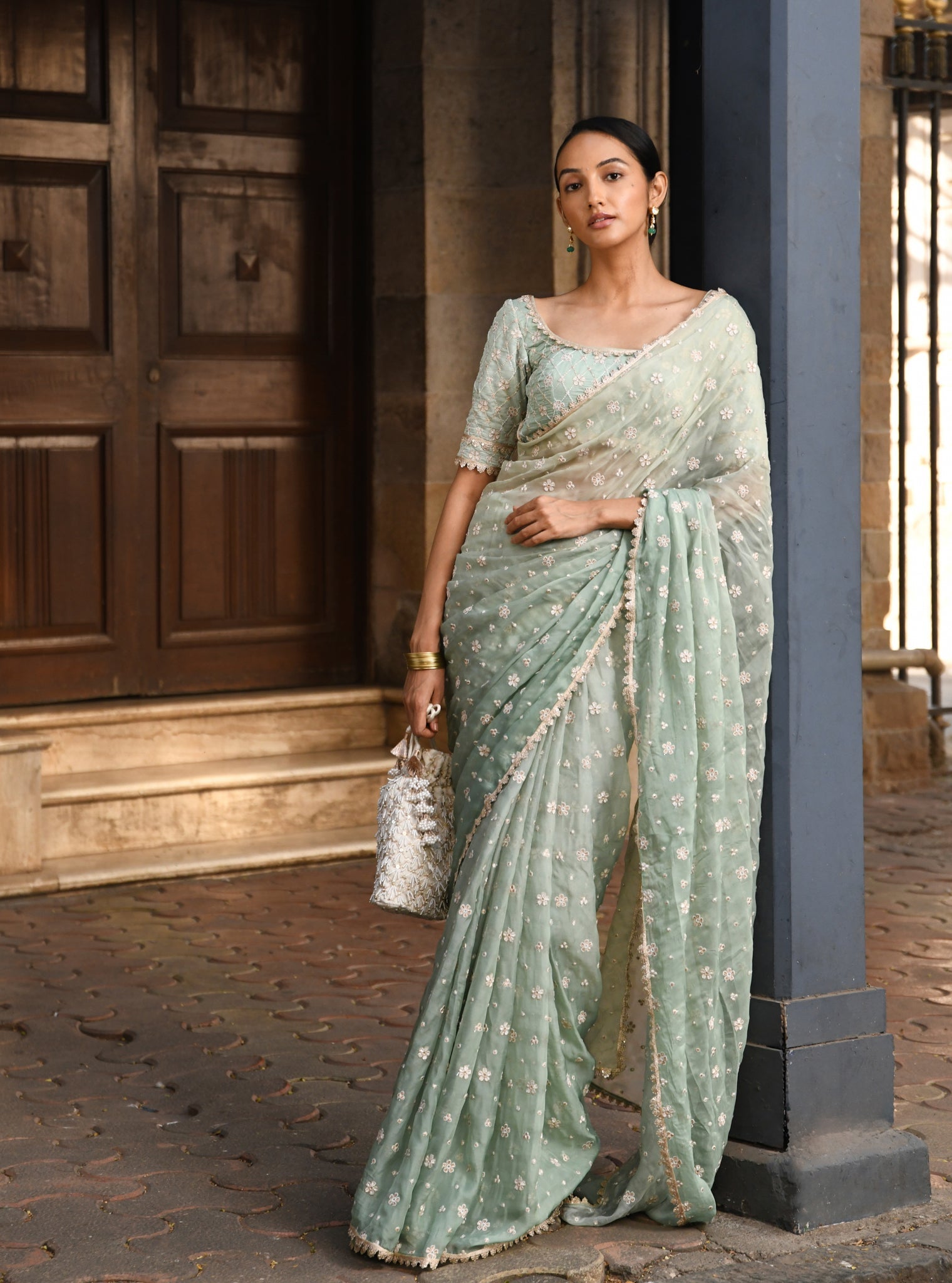 Priyur Organza Ombre Green Saree