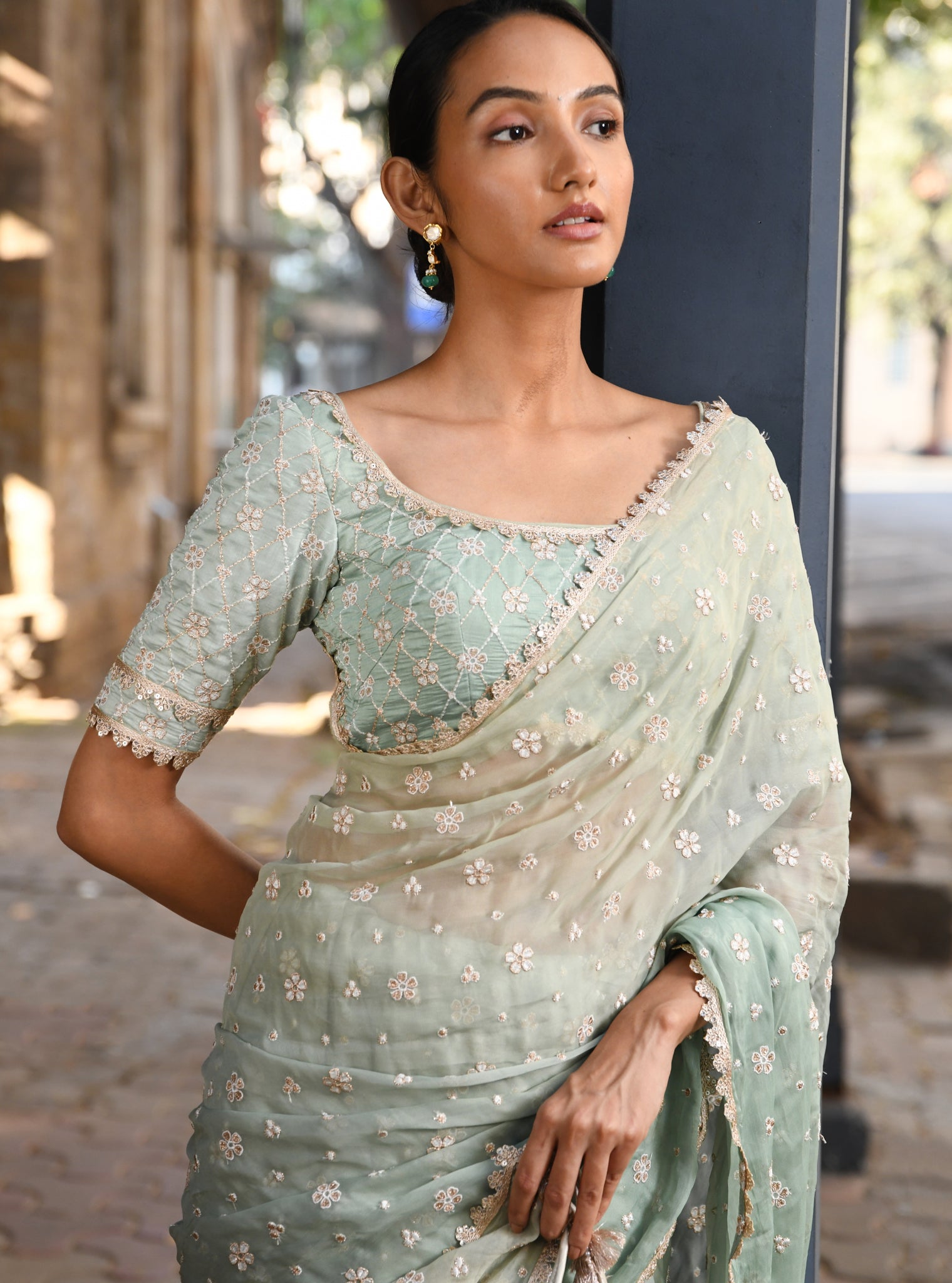 Priyur Organza Ombre Green Saree