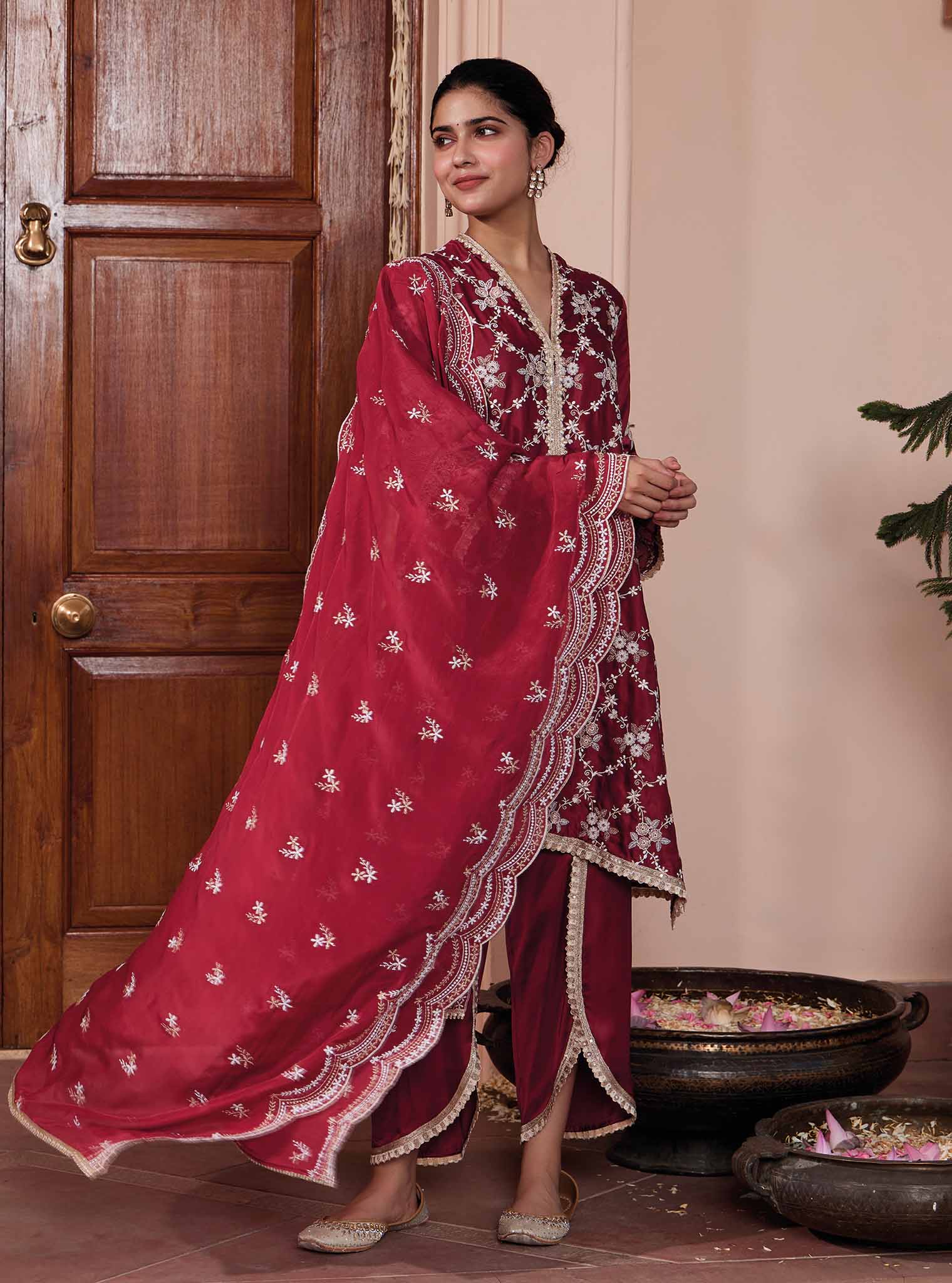 Dvija Cupro Wine Kurta Set