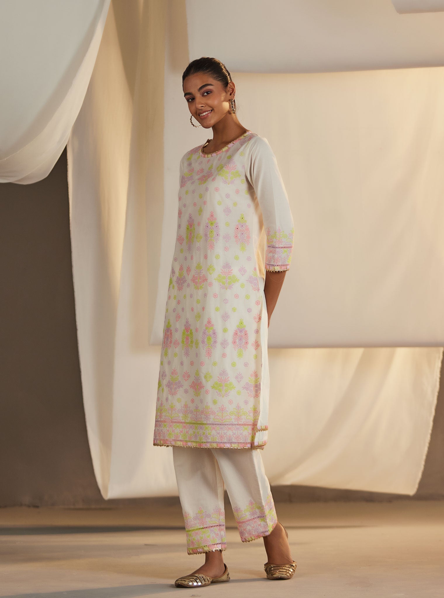 Zahava Cotton Off White/Lilac Kurta Set