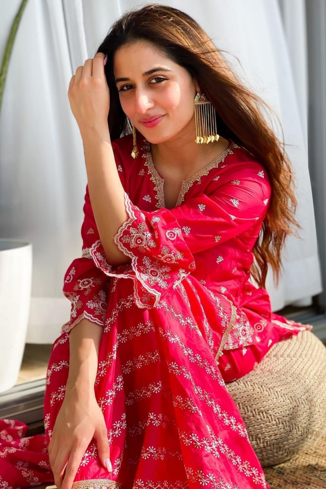 Dove Cotton Red Sharara Set