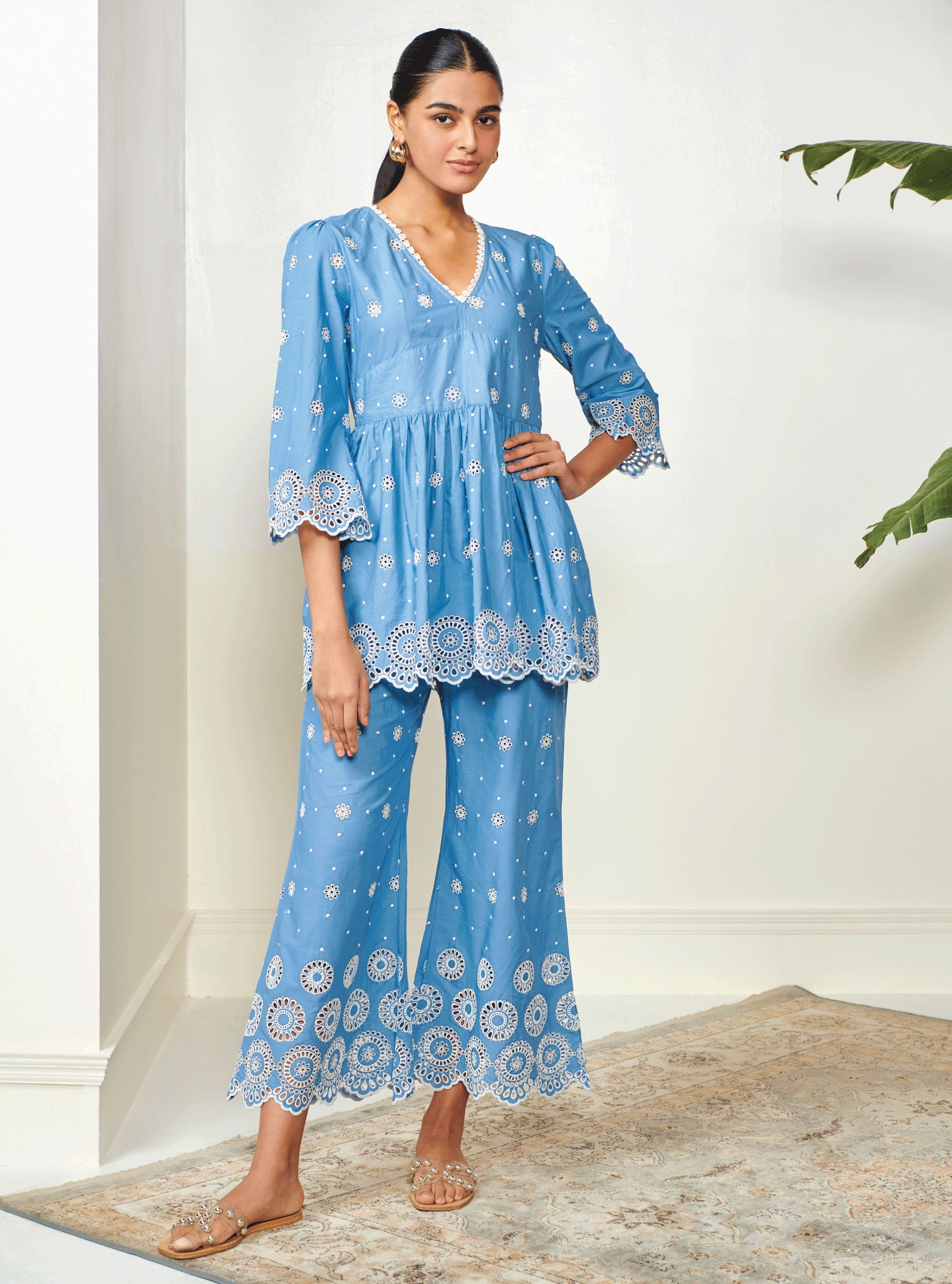 Aurelia Cotton Denim Top with Bell Bottom Set