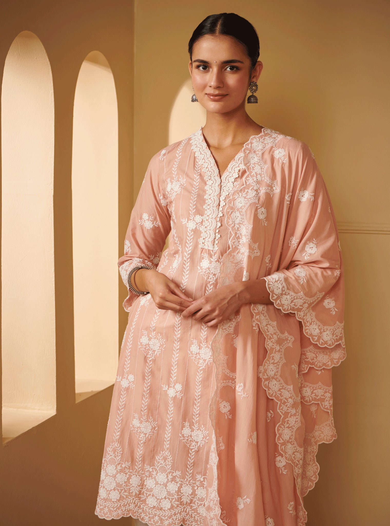 Mulmul Cotton Dhansiri Rose Kurta With Mumul Cotton New white Dhoti