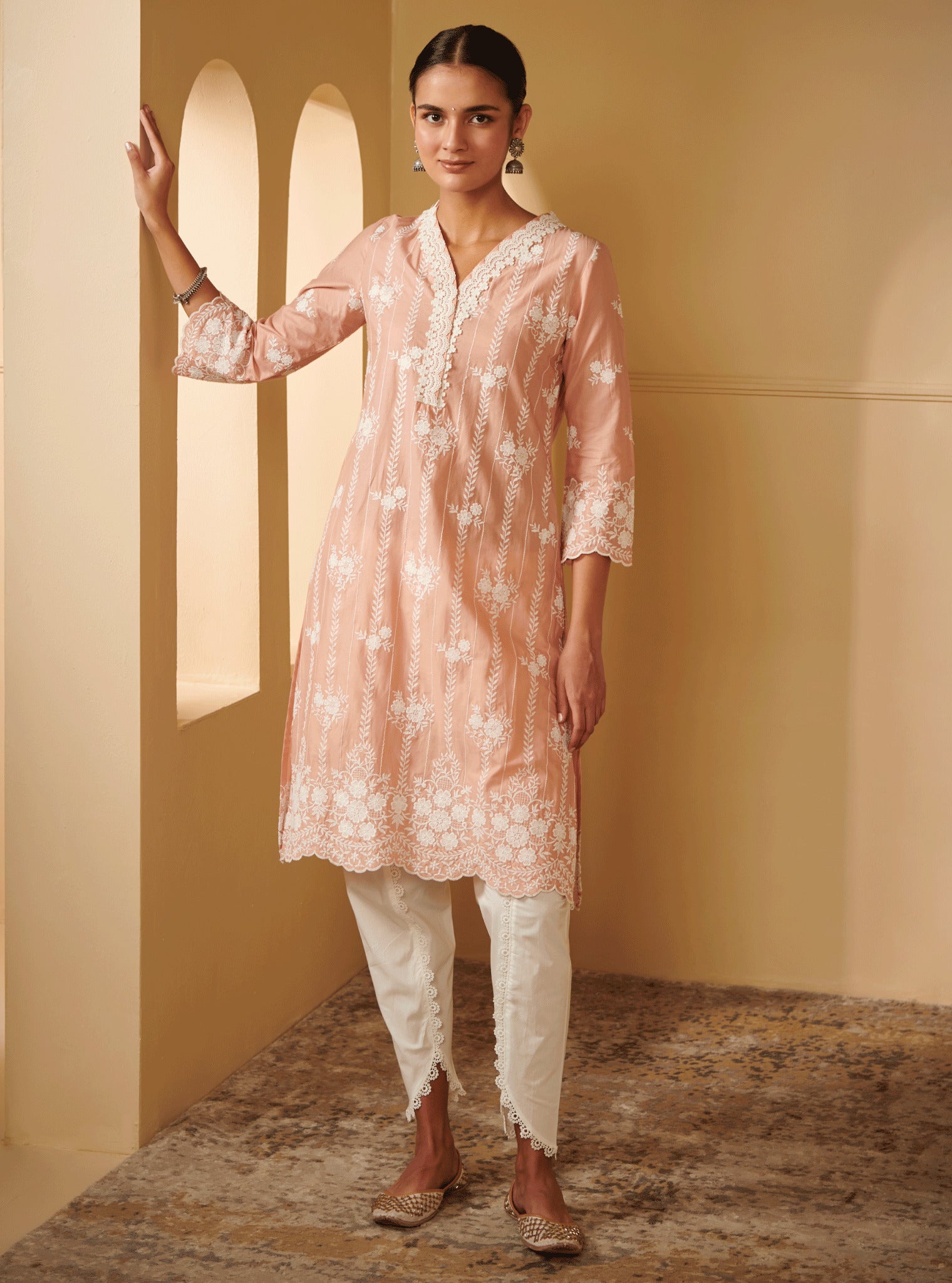 Mulmul Cotton Dhansiri Rose Kurta With Mumul Cotton New white Dhoti