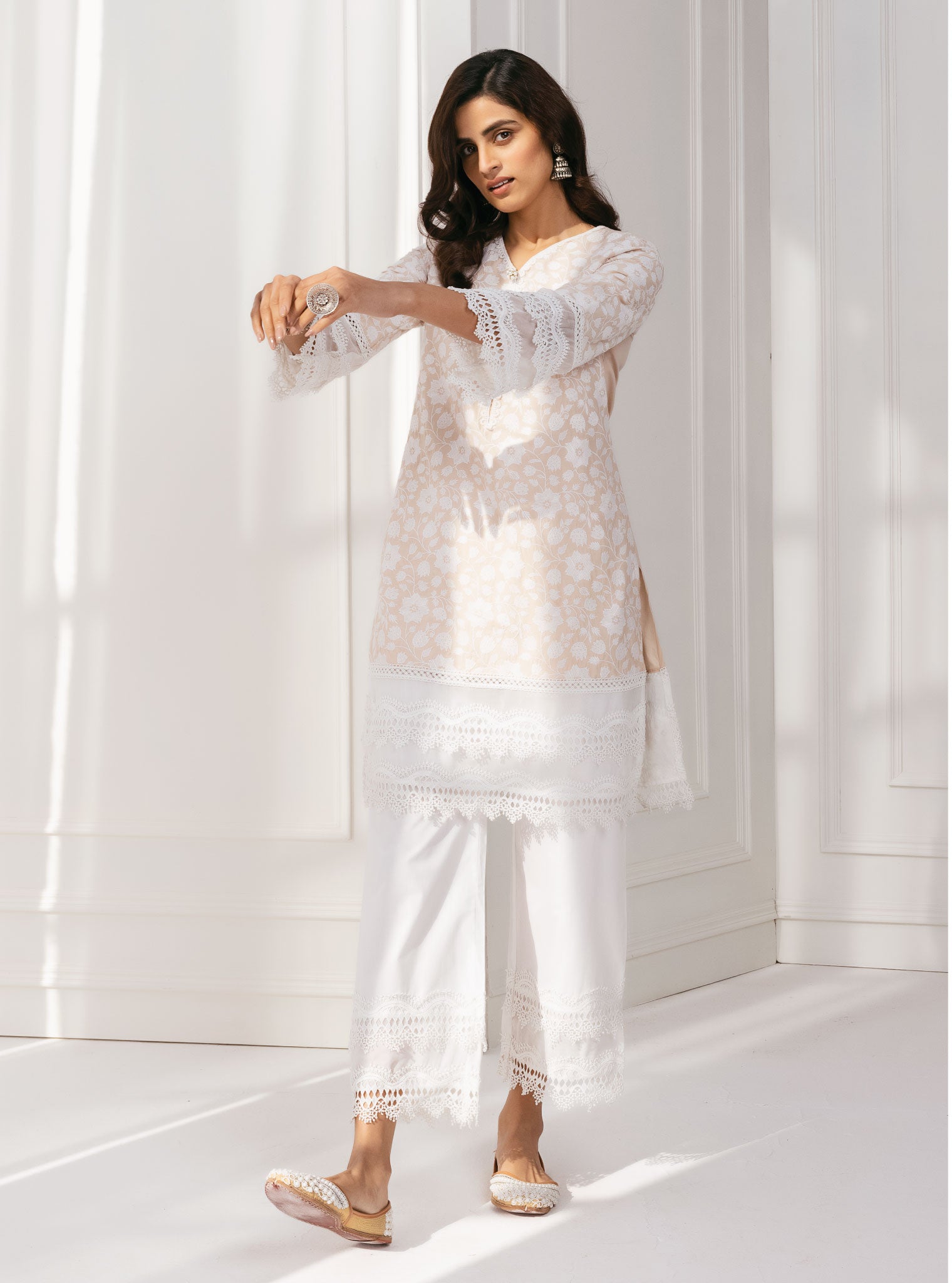 Barog Cotton Beige Kurta with Palazzo Set