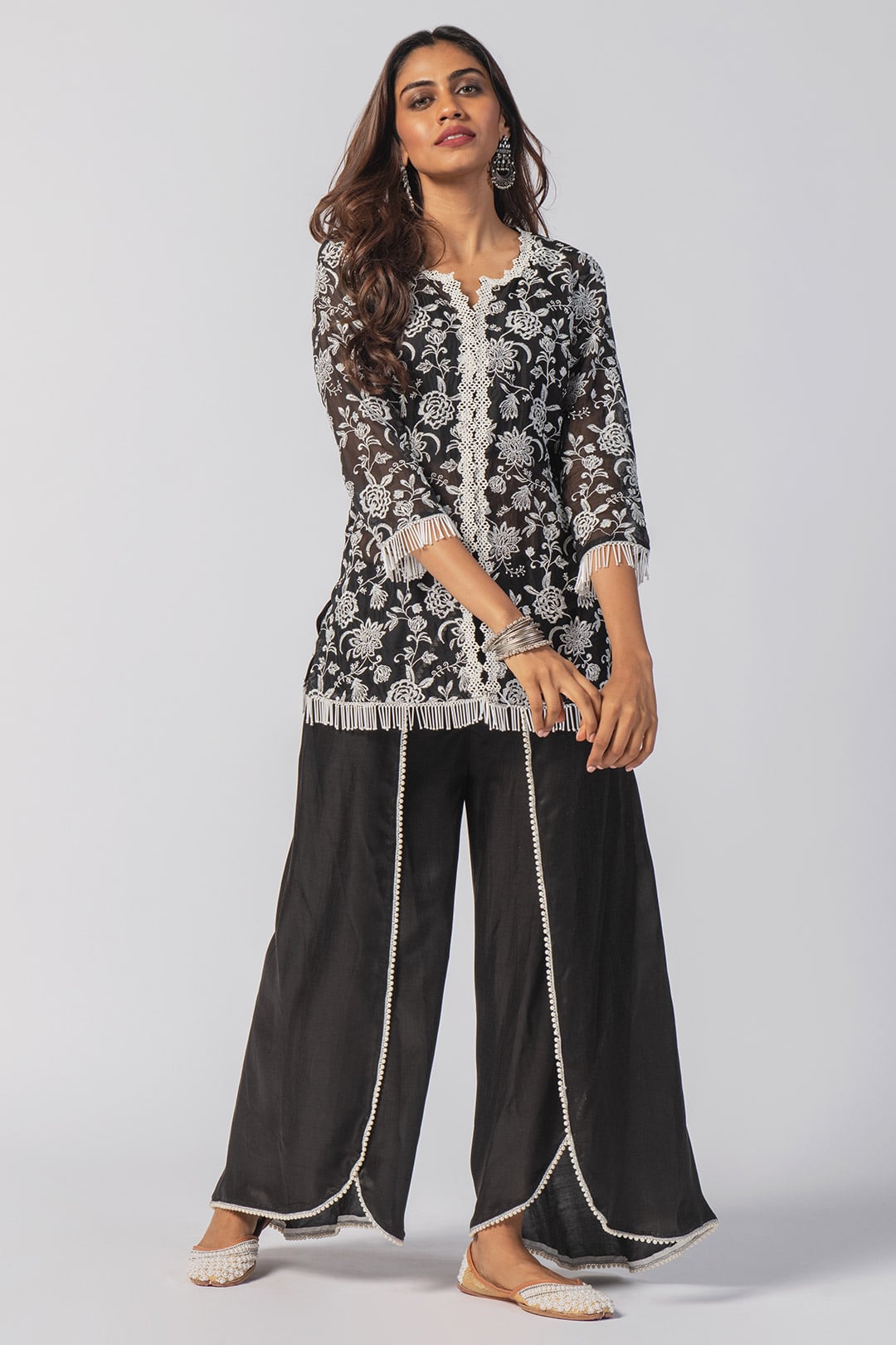 Mulmul Tencel Luxe Organza Claire Black Kurta With Cupro Claire Dhoti Black Pant