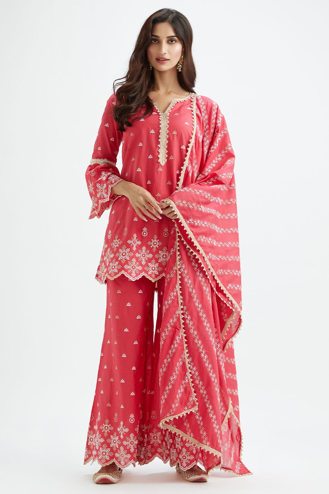 Dove Cotton Red Sharara Set