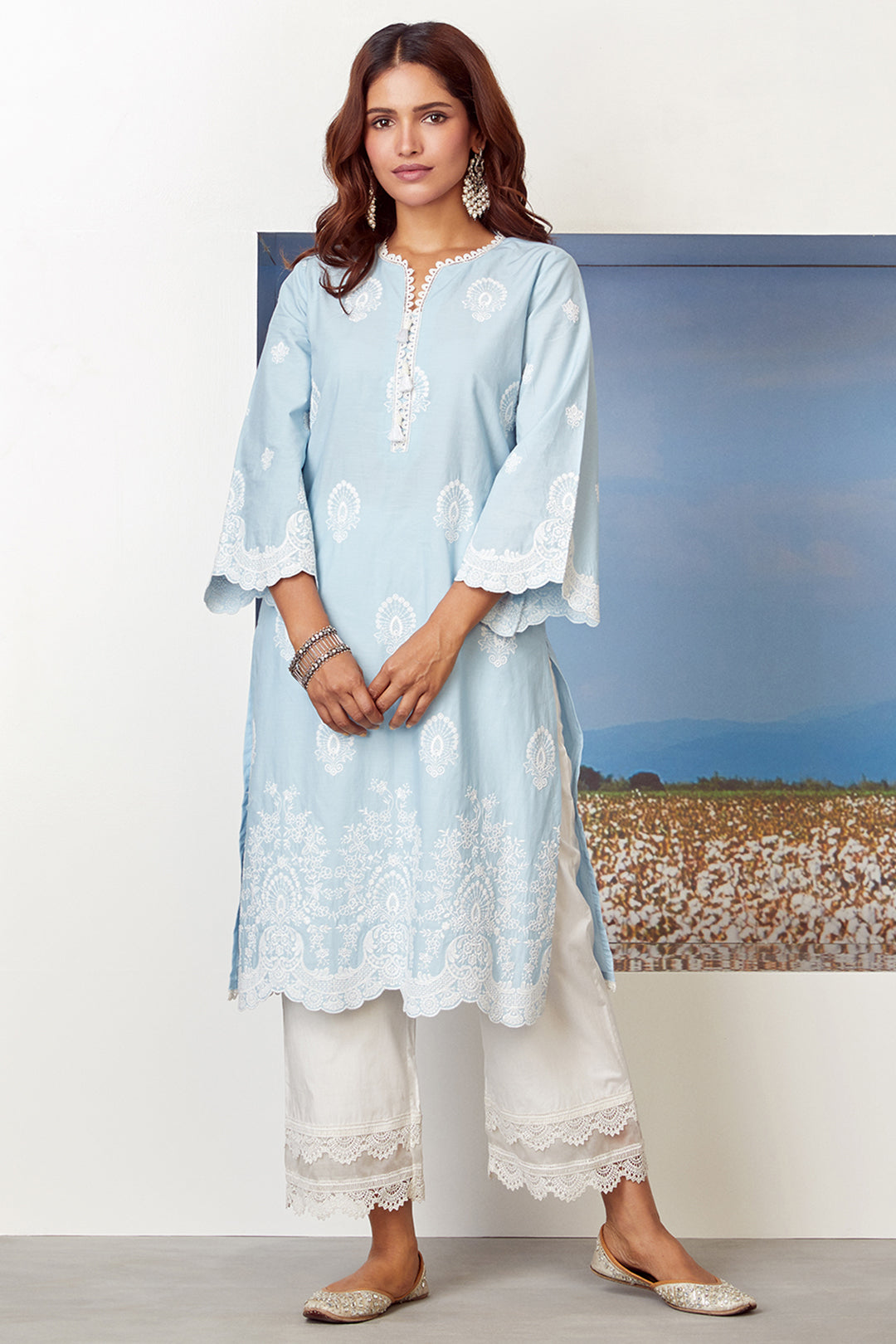 Dreamscape Cotton Light Blue Kurta with Palazzo Set
