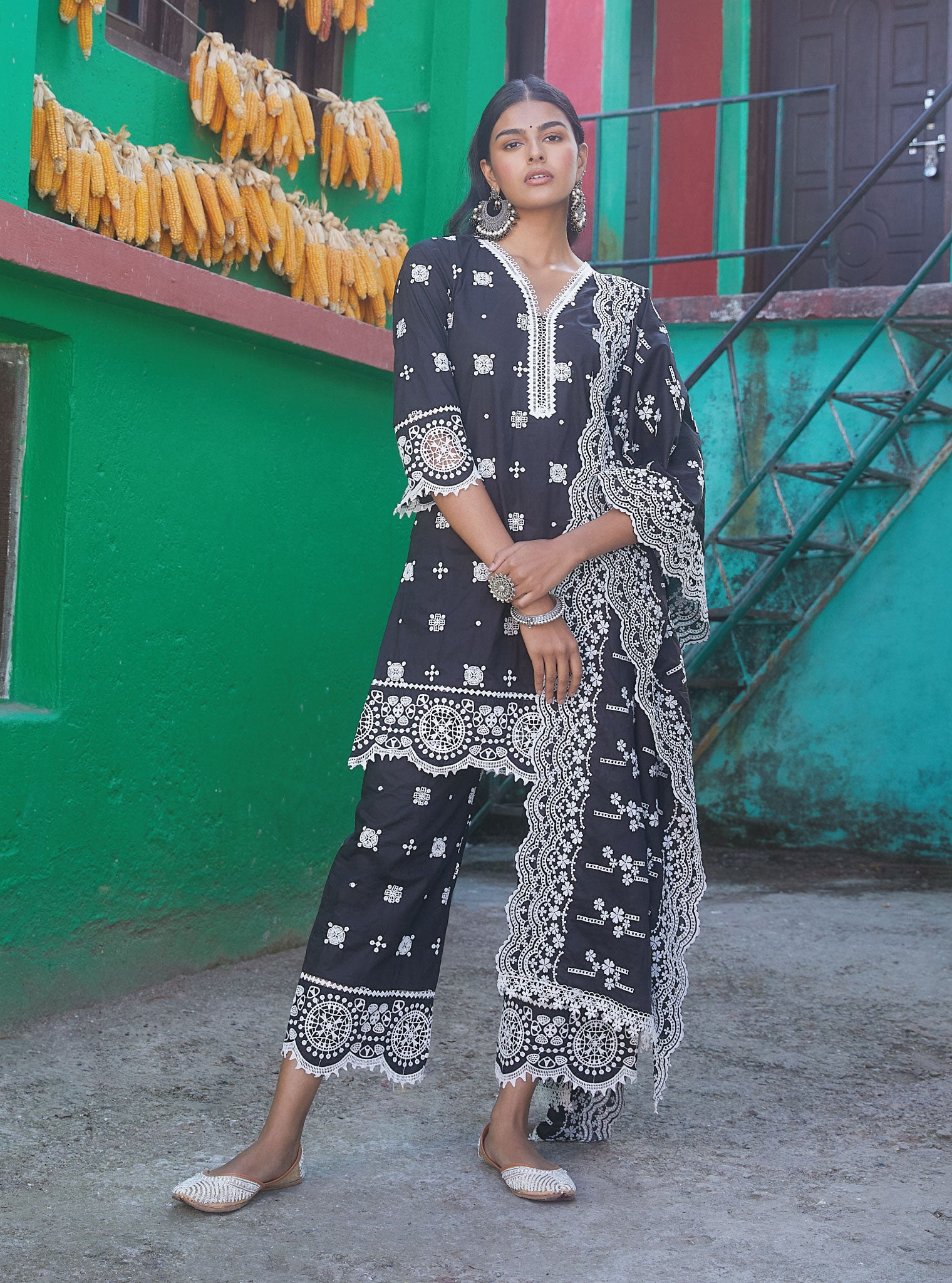 Leh Cotton Black Kurta with Palazzo Set