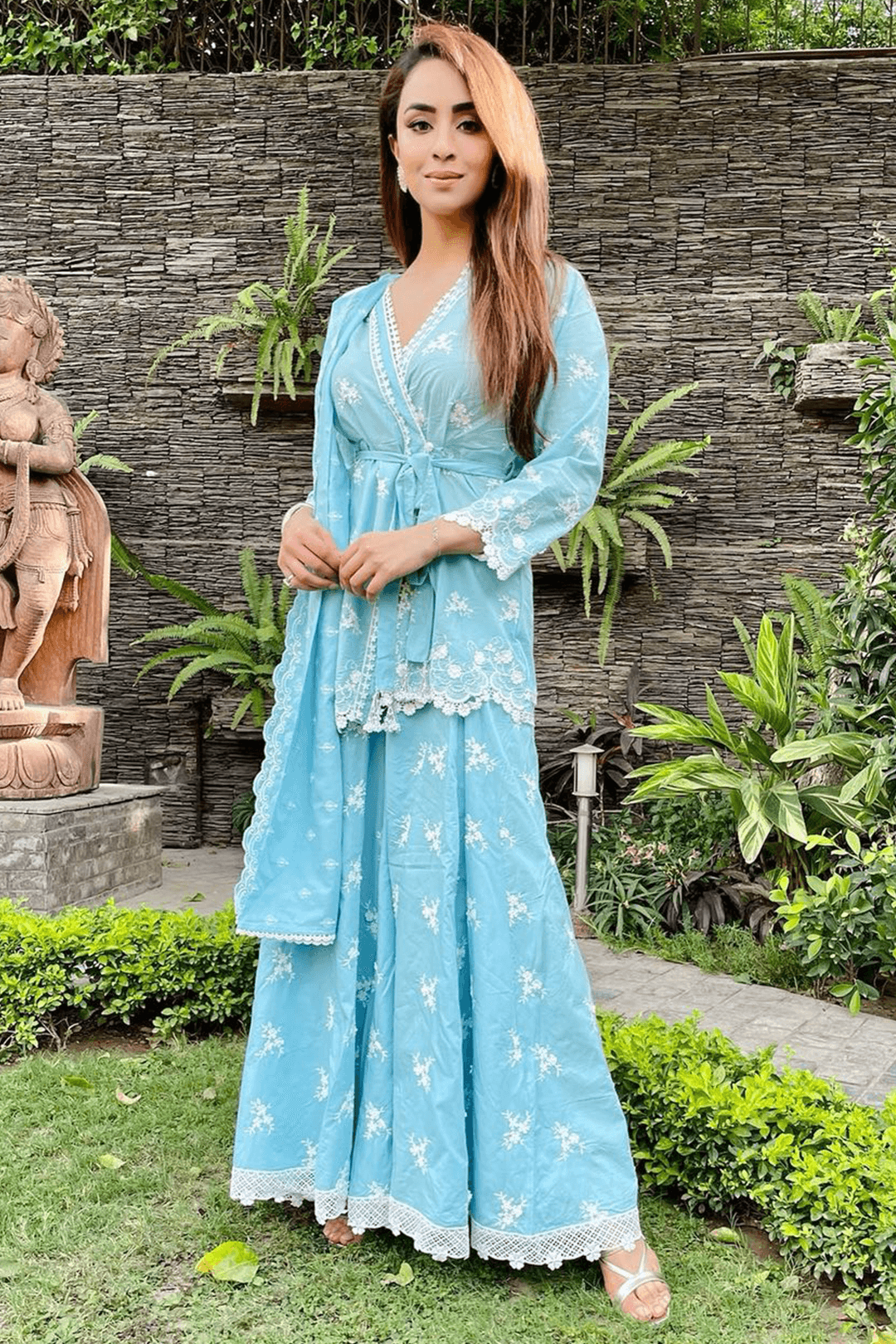 Pearl Star Cotton Turquoise Kurta with Sharara Set