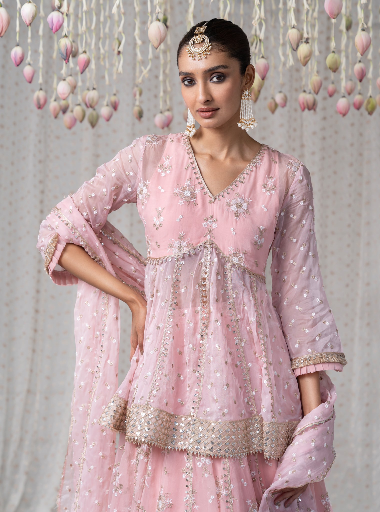 Rajnigandha Organza Short Anarkali Pink Kurta with Lehenga Set