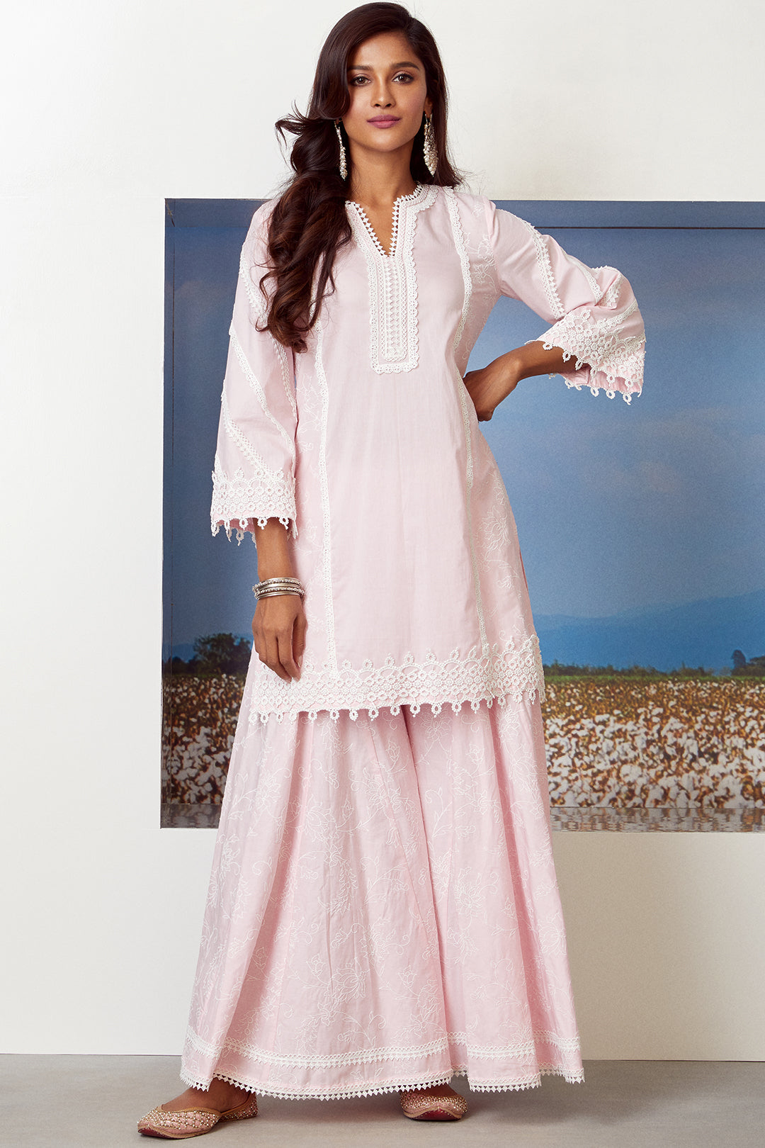Reverie Cotton Pink Kurta with Sharara Set