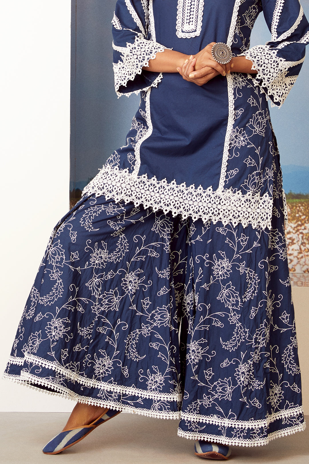 Reverie Cotton Navy Kurta with Sharara Set