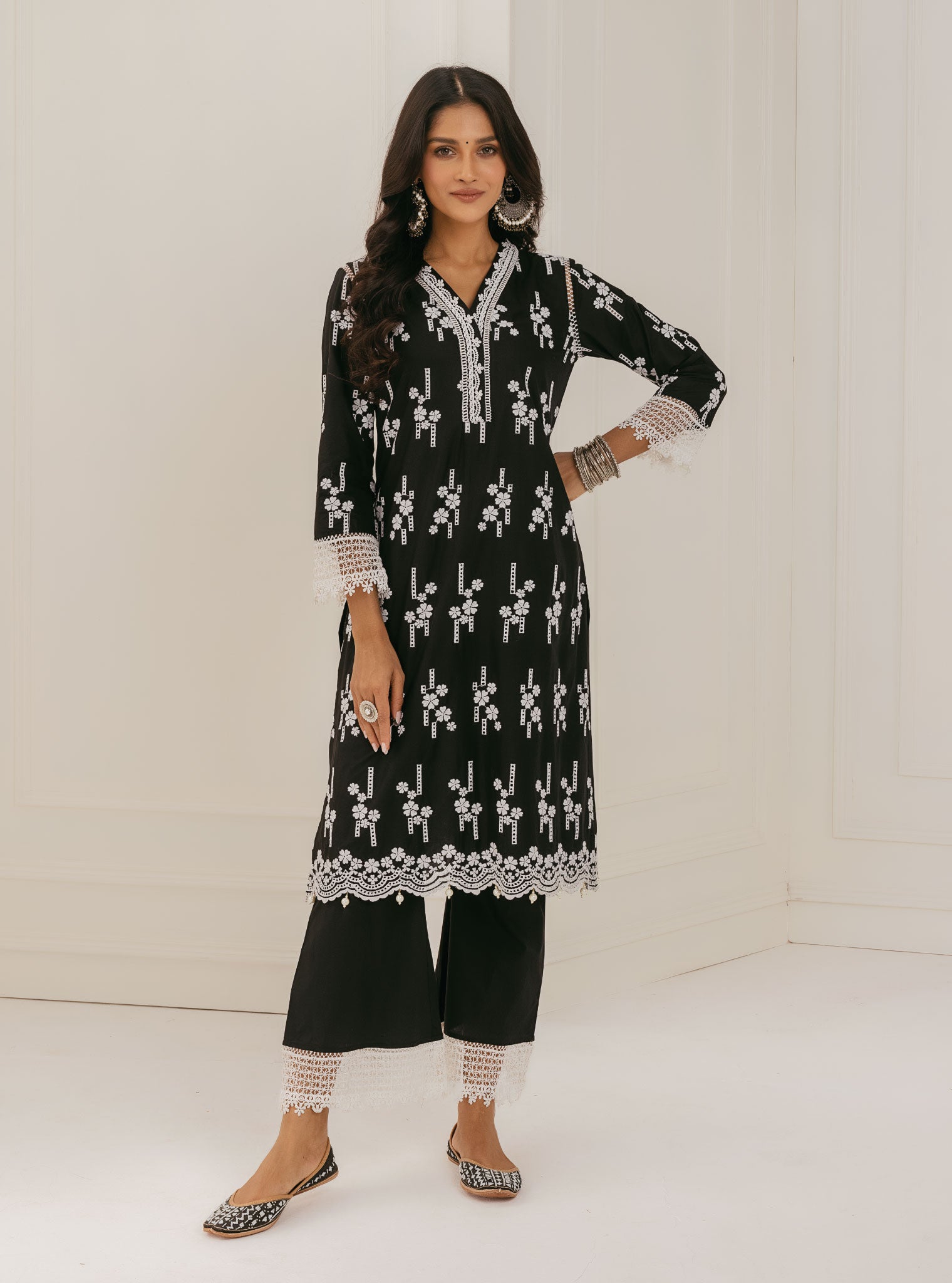 Riwa Cotton Black Kurta with Palazzo Set
