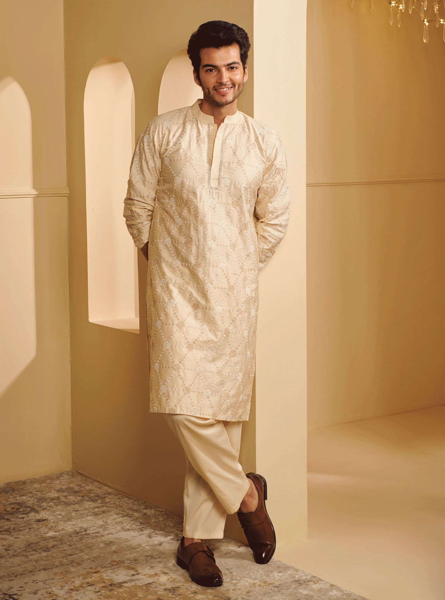 Mulmul Pima Satin Sol Off White Kurta With Sol Off White Pyajama