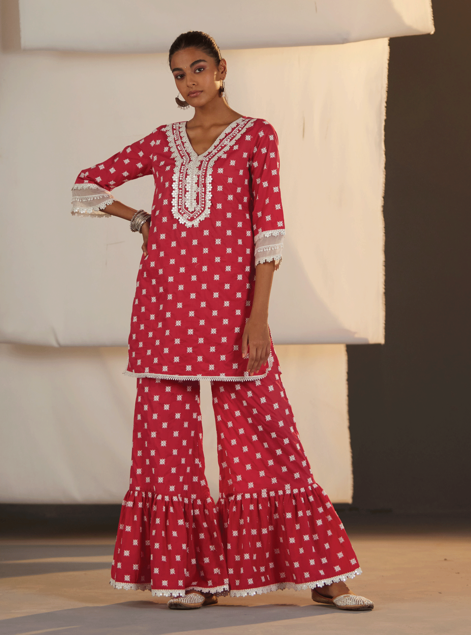 Adaline Cotton Red Kurta with Garara Set