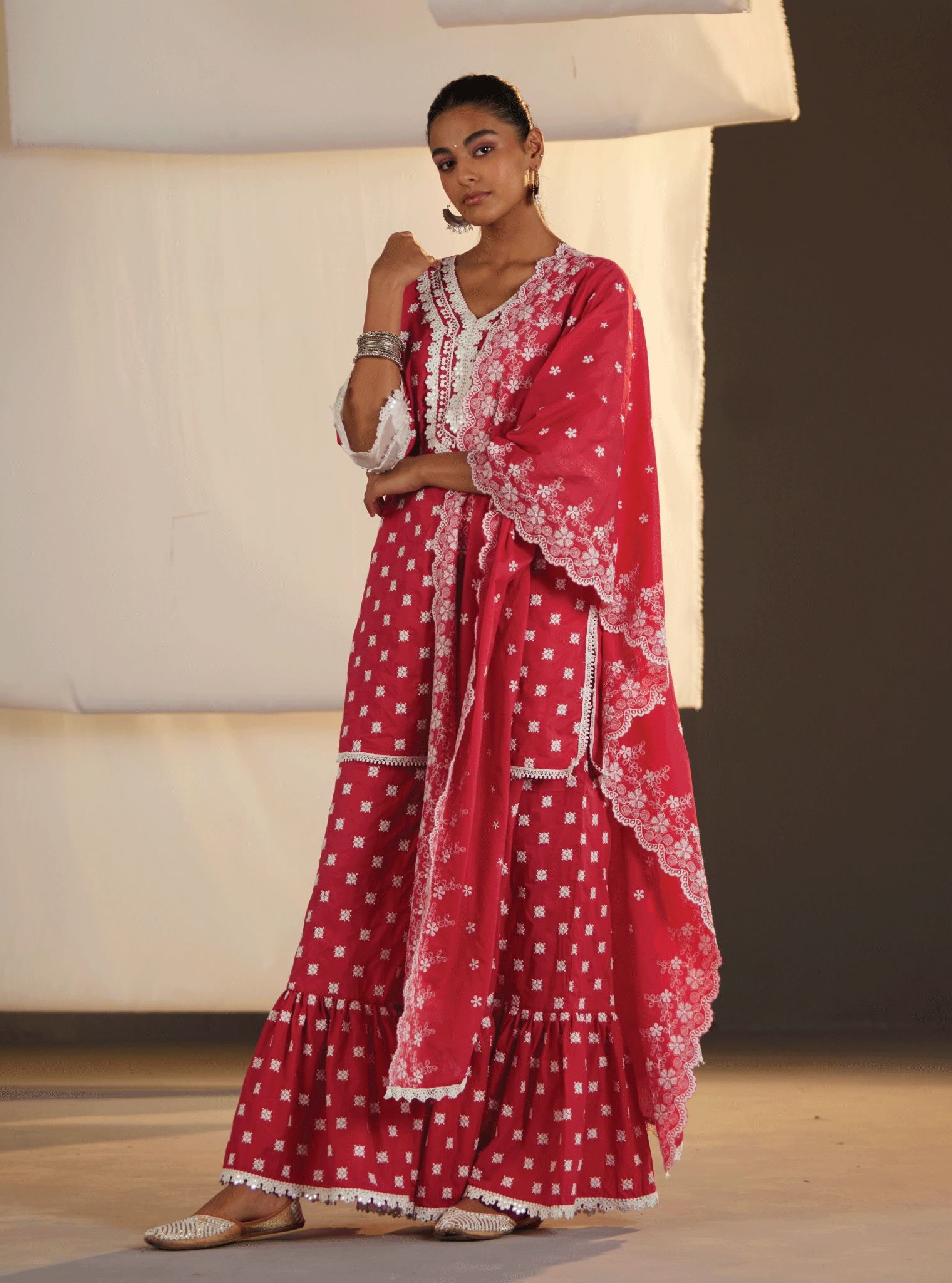 Adaline Cotton Red Kurta with Garara Set