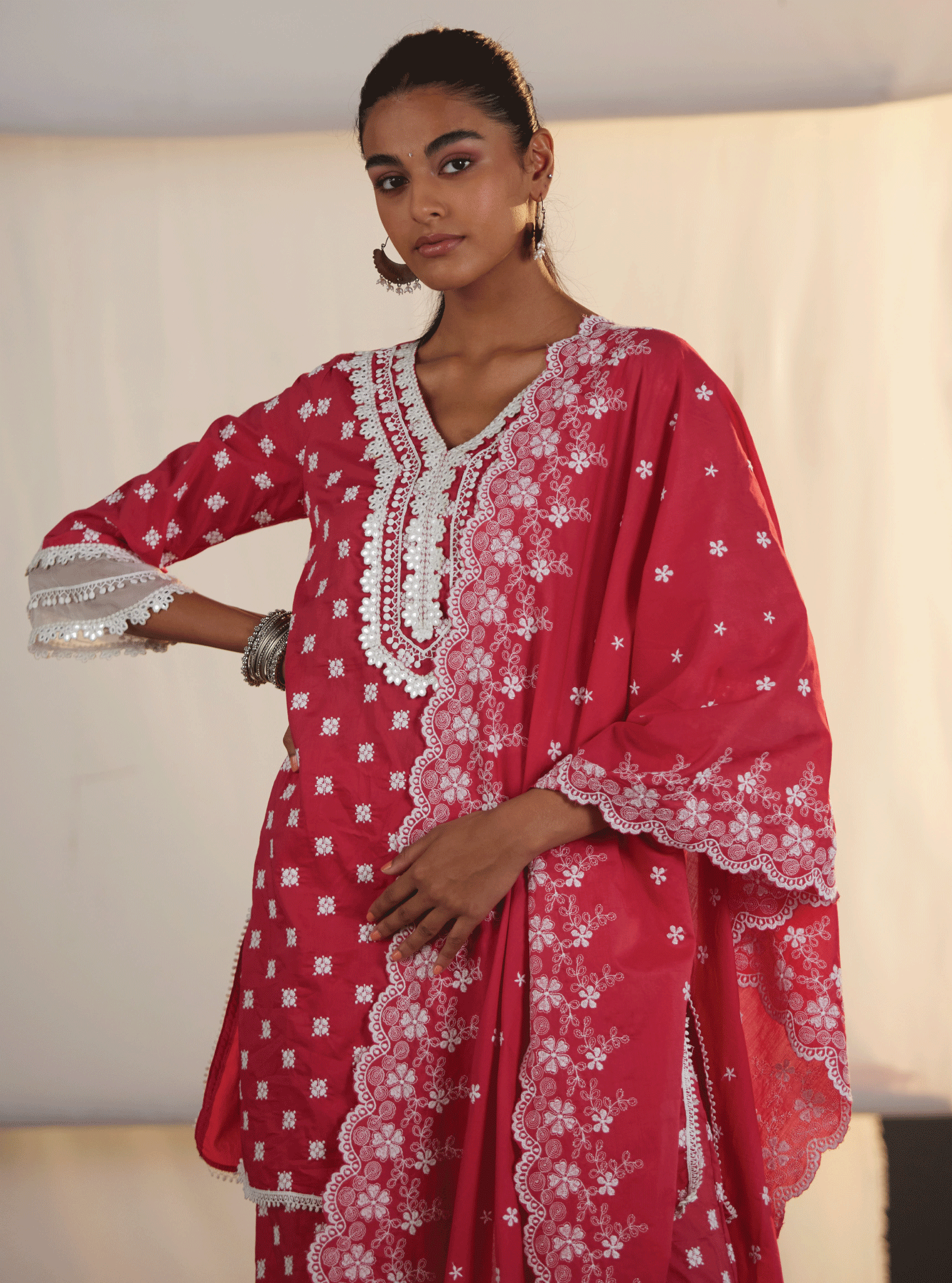 Adaline Cotton Red Kurta with Garara Set