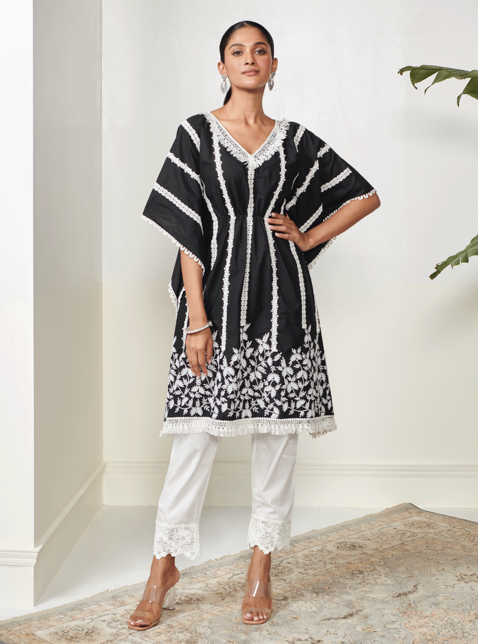 Vivian Cotton Black Kaftan With Irena White Pant